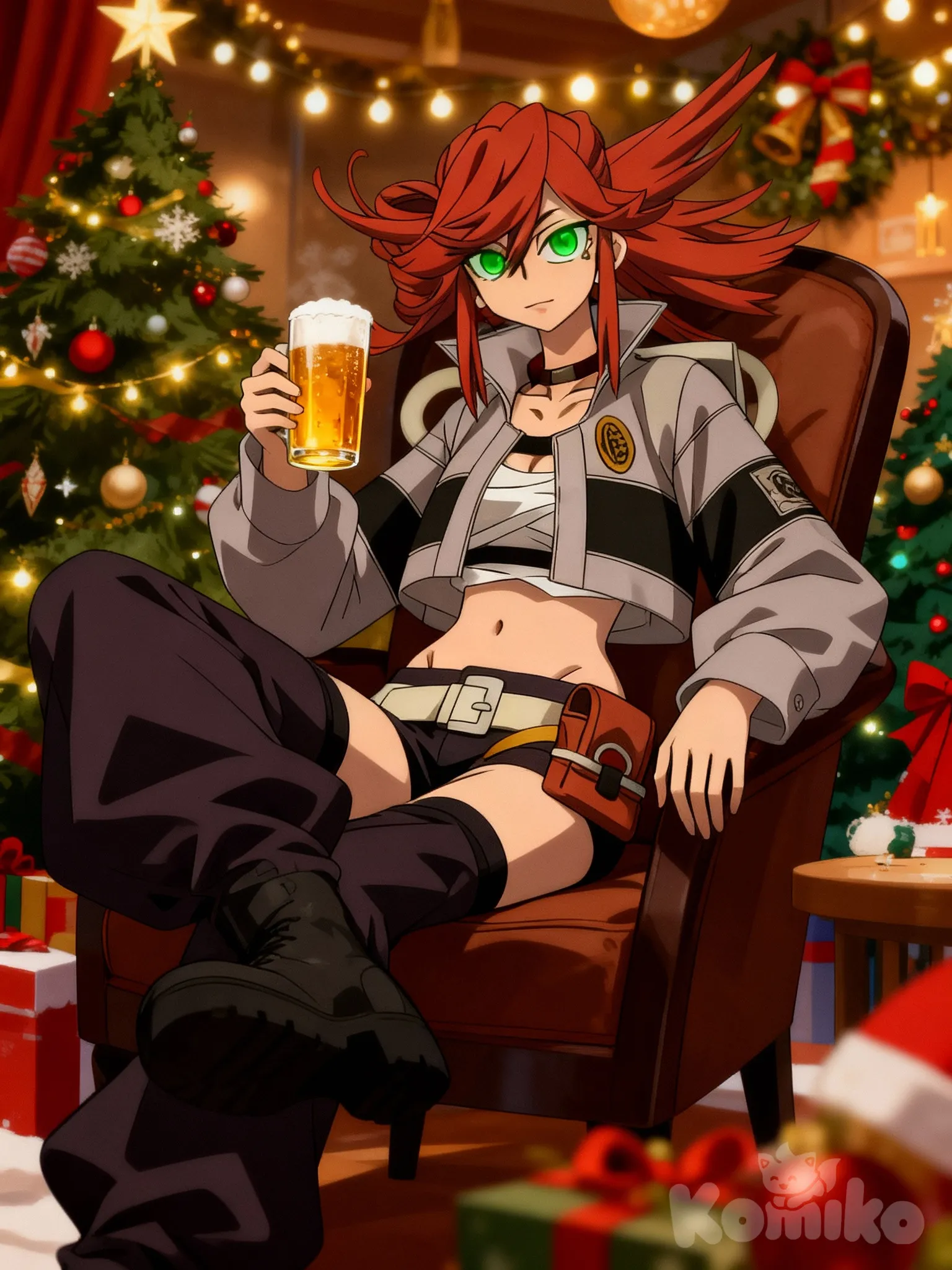 @Riyo_Reaper, sitzt im Sessel, Weihnachten, Weihnachtsfest, trinkt Bier, Augen leuchten grün, KomikoChristmas