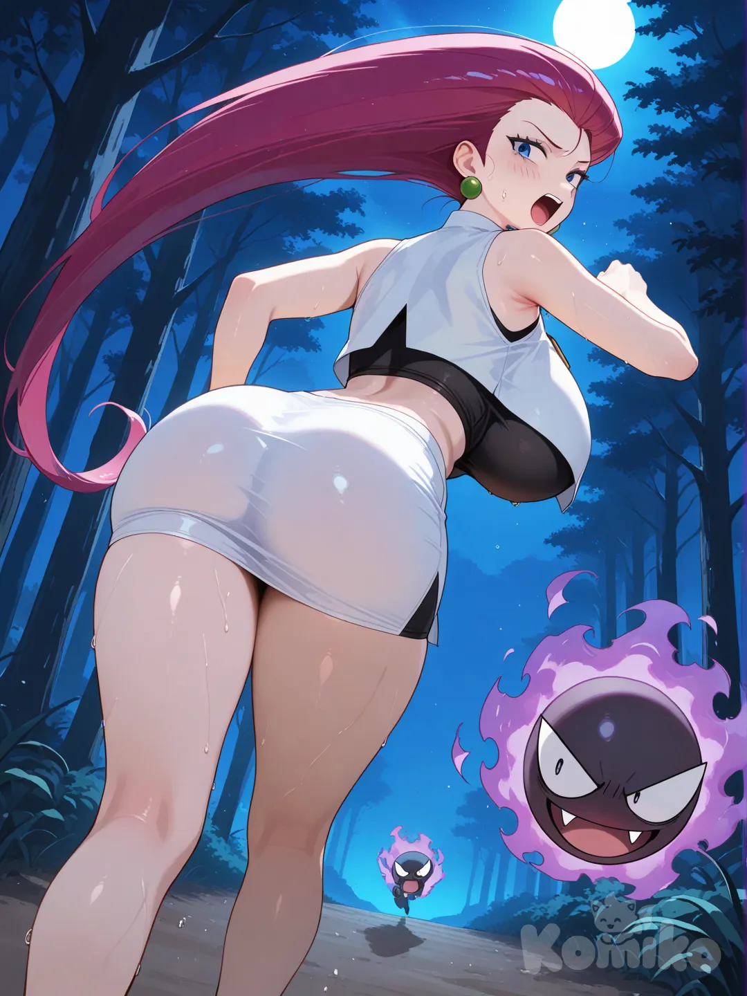 jessie (pokemon), mature female, huge breasts, very long legs, Wald, Rennt schreiend weg, @Gastly, nacht