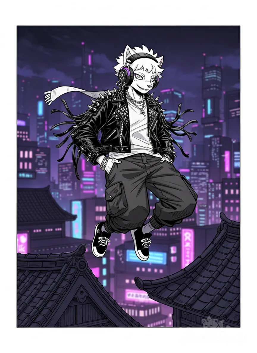 <mithra-d9iF>, black and white manga style, comic shading, gothic, chibi, hands in pockets, jumping from rooftop, blurred background, neon lights, night, cityscape, cargo pants, t-shirt, punk leather jacket, studs, tassels, earrings, scarf, jewelry, headphones, smirk