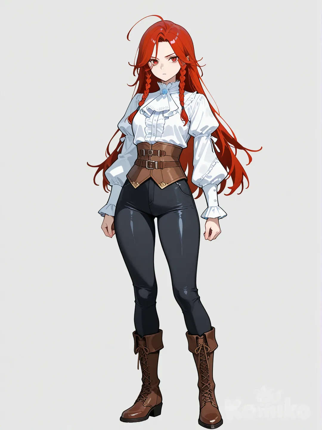 Castlevania, braided two hairs, loose hair strand, loose white puffy shirt, black tight pants, and brown boots