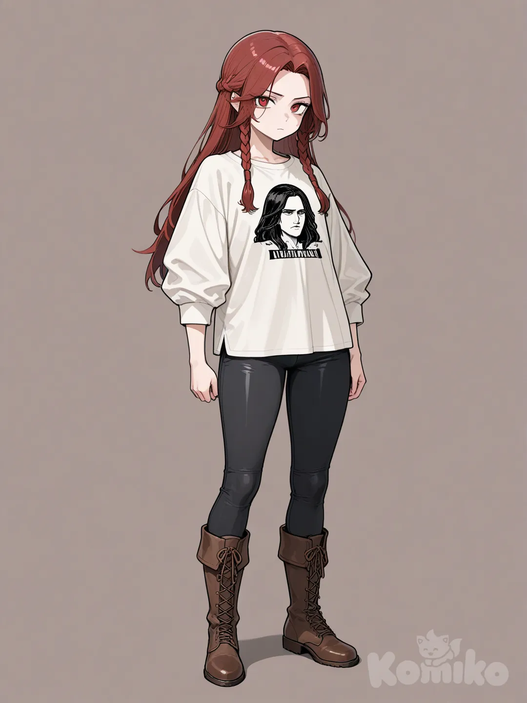 Castlevania, braided two hairs, loose hair strand, loose white puffy shirt, black tight pants, and brown boots
