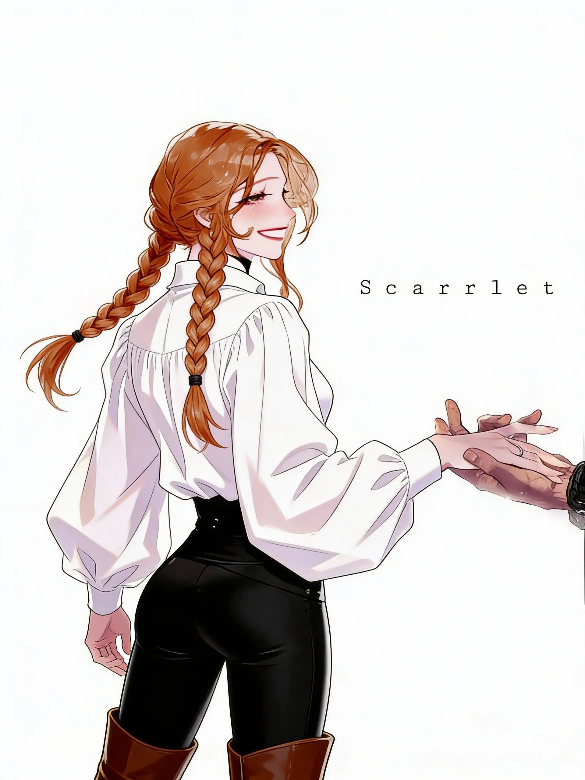 Castlevania, braided two hairs, loose hair strand, loose white puffy shirt, black tight pants, and brown boots