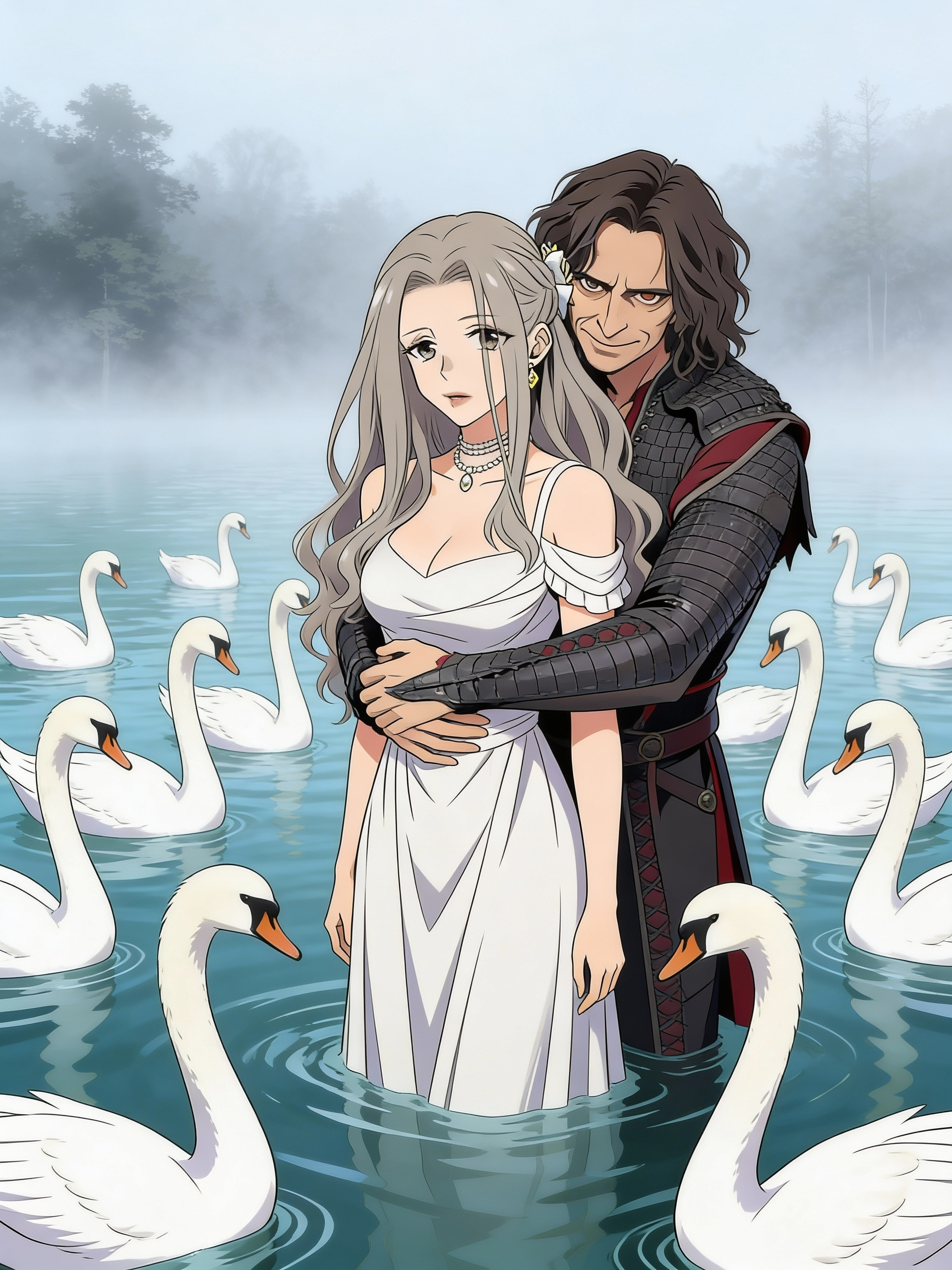 Once upon a time, she is surround with 12 swans in the lake and Rumplestiltskin, also known as Rumple, the Dark One holding her behind her back as she stare ahead