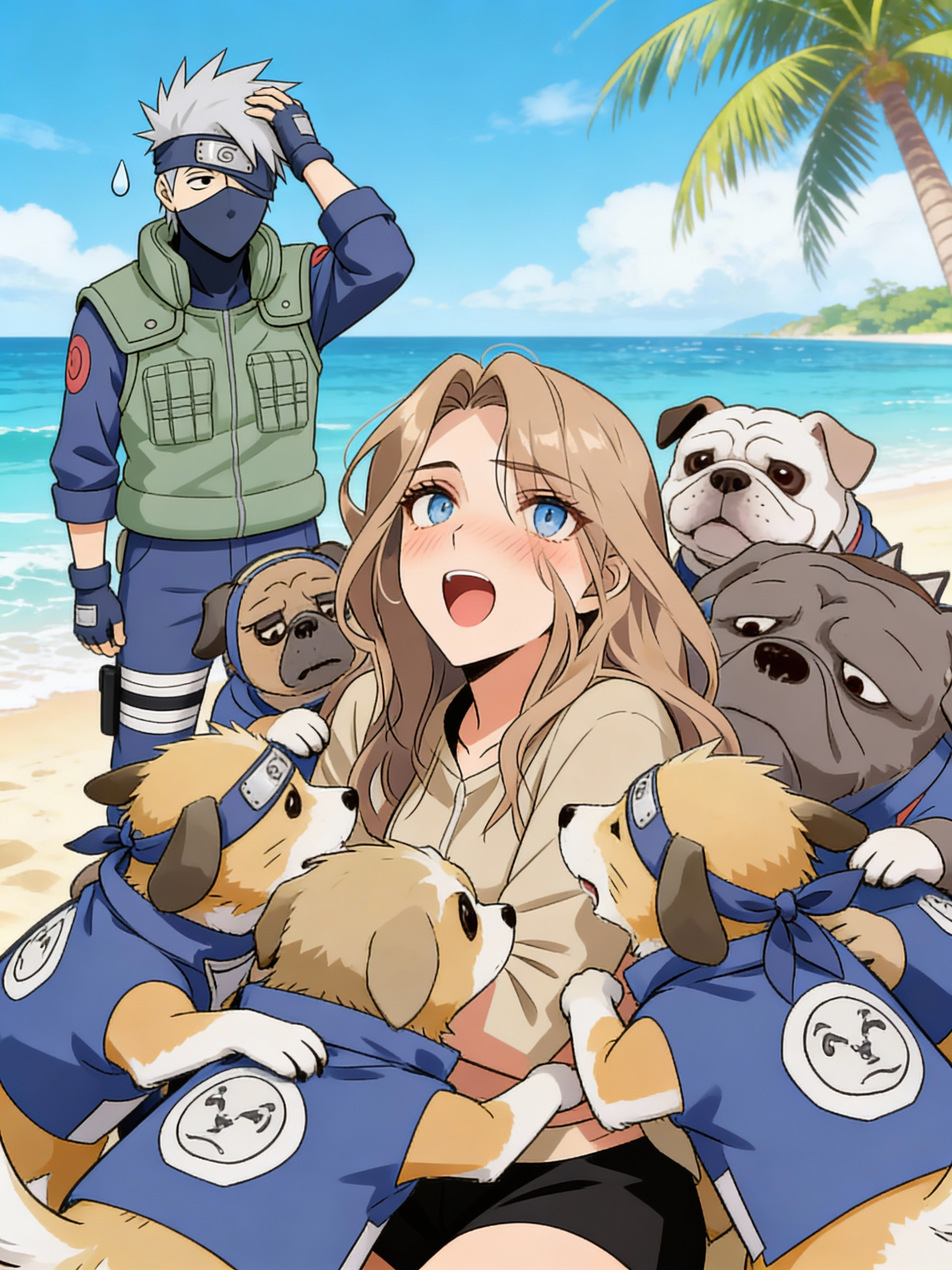 In the Naruto series, Kakashi introduced her to his ninja dogs, which she is dogpiled in paradise as she blushes in pleasure,e as she adored their attention, leaving Kakashi in worry and sweat drop as he rubbed back his head awkwardly.