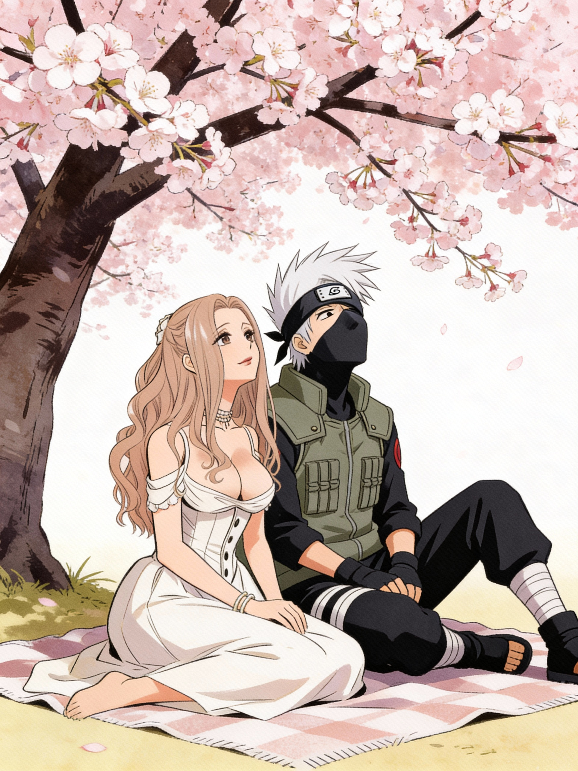 [retro-anime-style] Kakashi and a woman looking up at the cherry blossom tree sat on the blanket.
