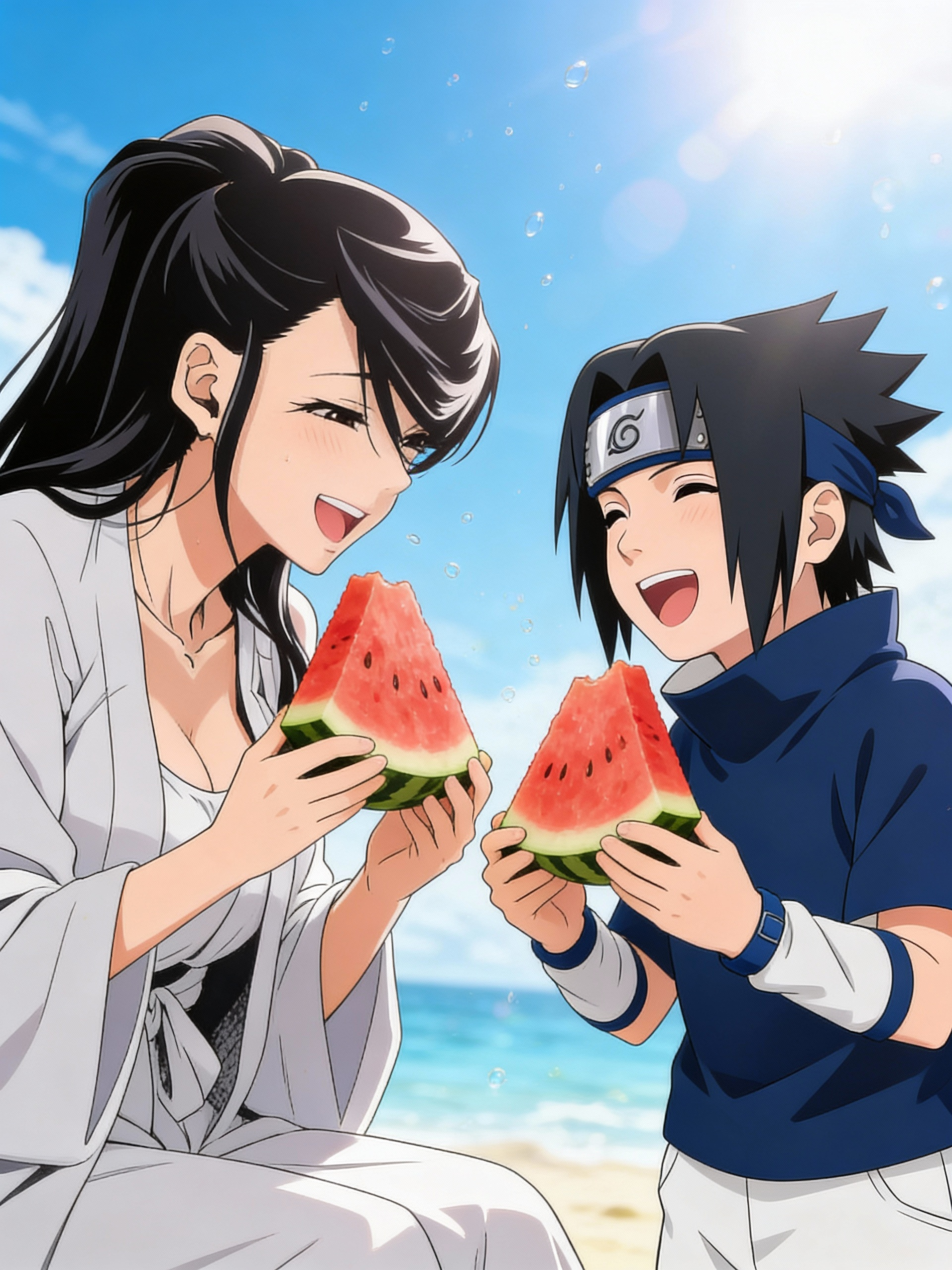 In the Naruto series, Yuko, the woman, is Sasuke's guardian as they enjoy the summer heat and watermelon in their hands.