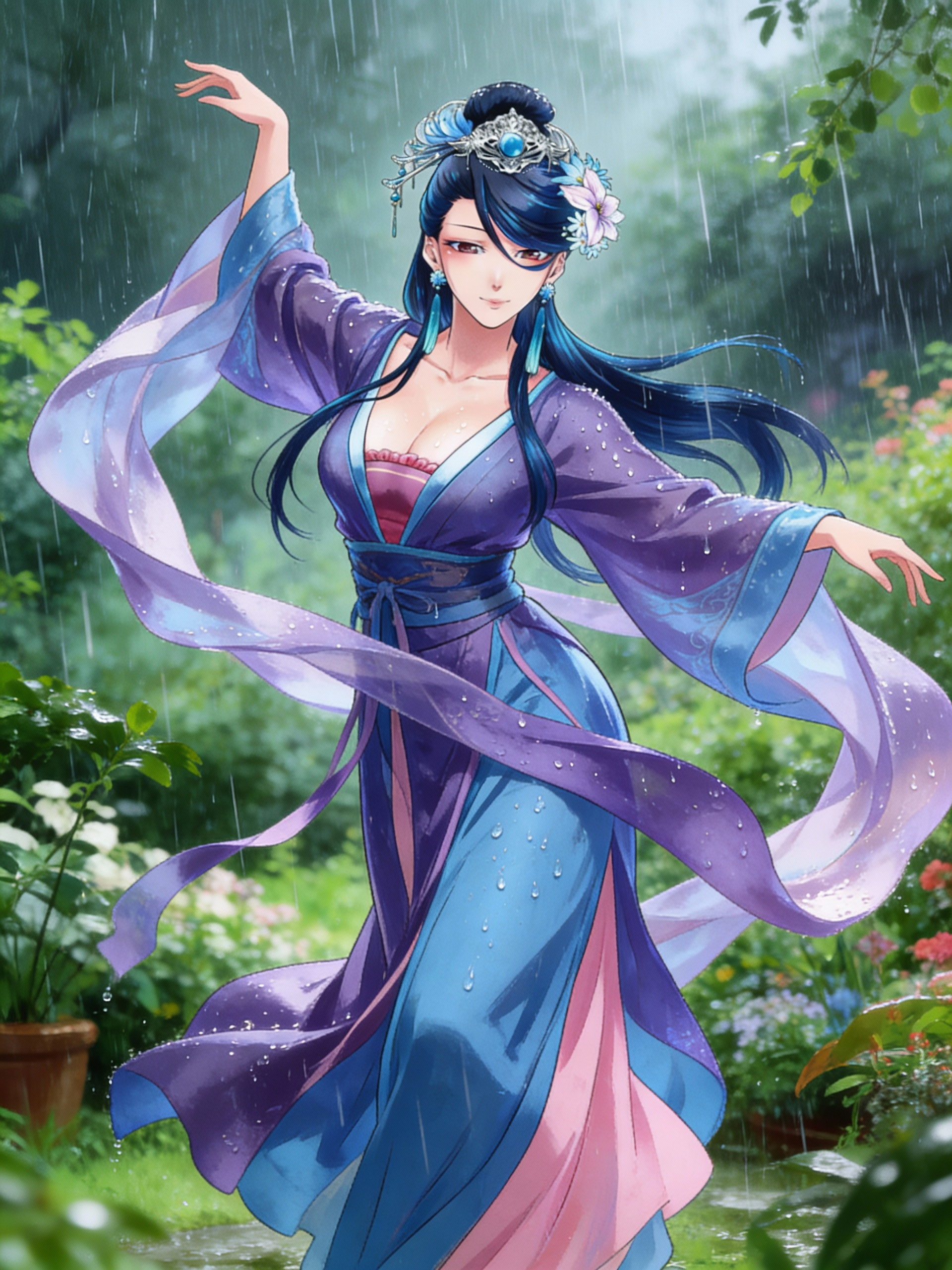 In Apothecary diaries, Lady Lihua dances in the rain feeling free as she shines more beautfiully in the rain of her garden.