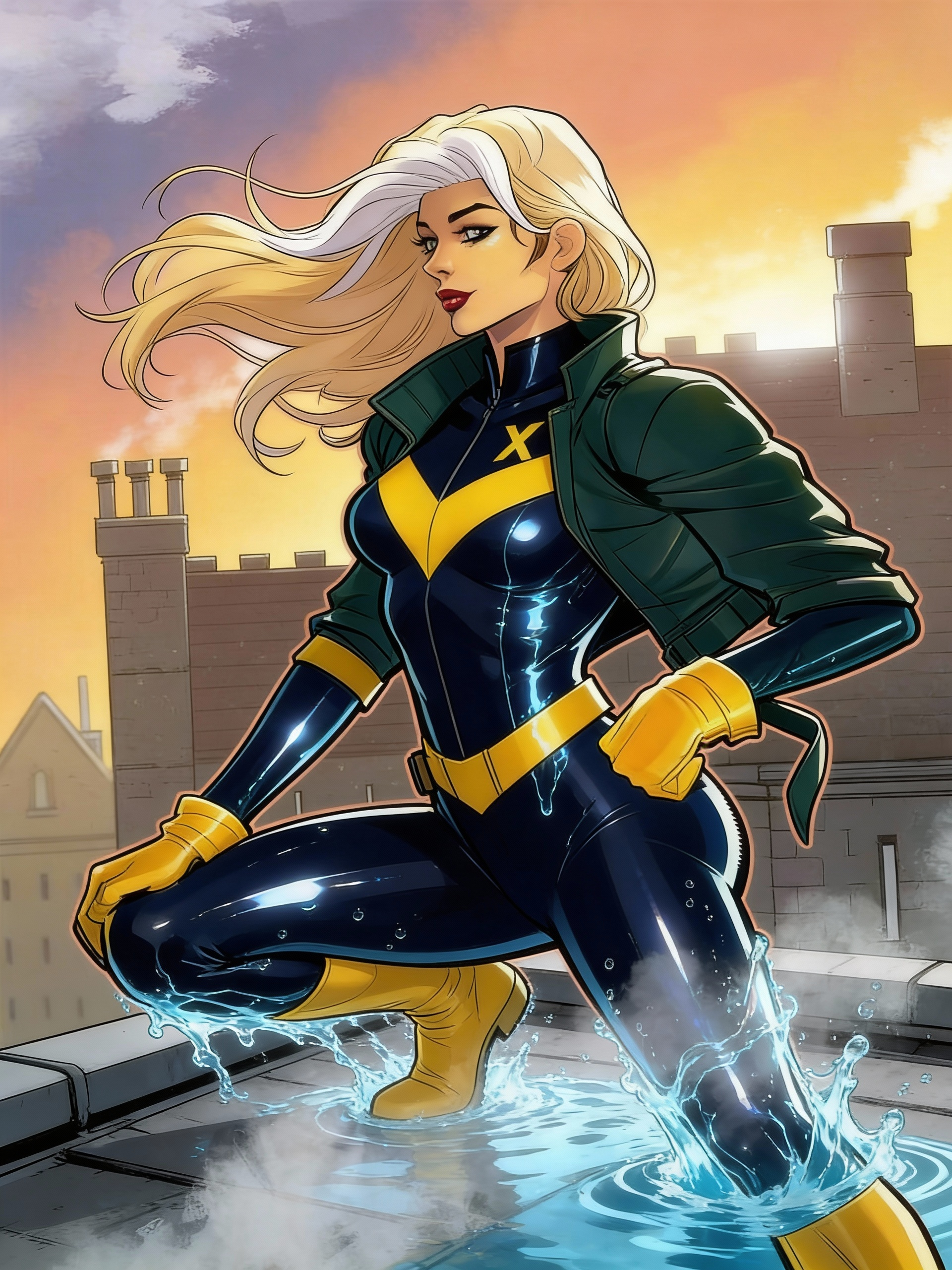 X-Men, she has water power, which is reflected in her uniform, which is dark navy with yellow color and a dark green jacket. Loose hair and wind blowing her hair to the side.