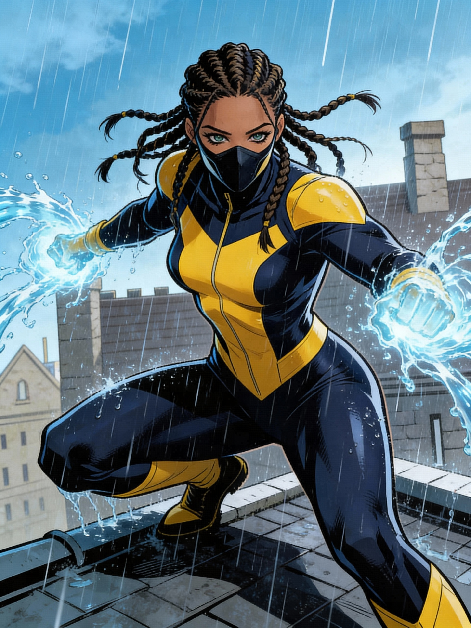 X-Men wearing her dark navy and yellow uniform, braided hair with loose strands, and her mask from nose to chin. She has water powers to create rain.