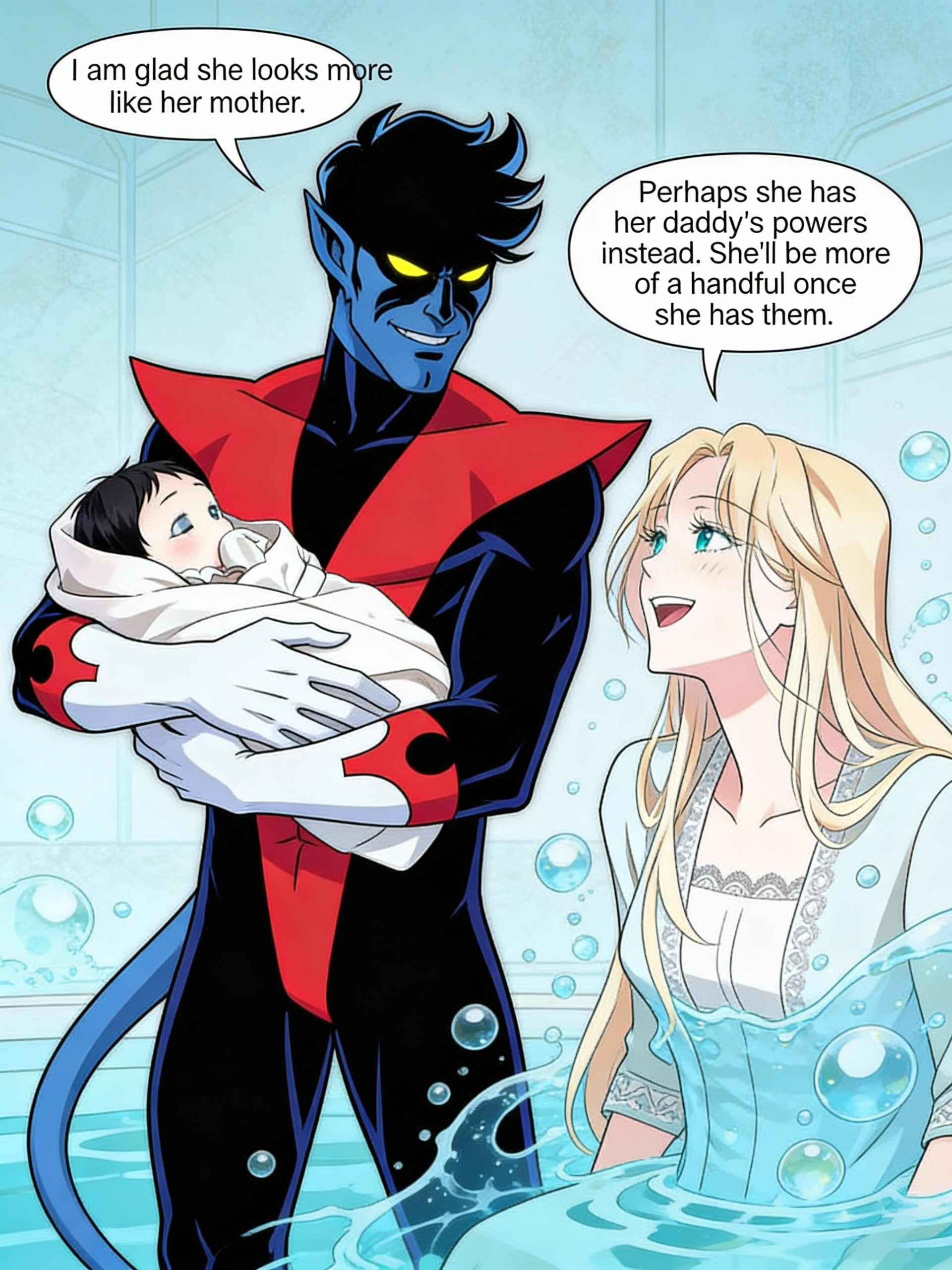 In X-Men comics, Nightcrawler went to his wife, who has the power of water, and held their first baby daughter, whom he spoke to, "I am glad she looks more like her mother." As his wife giggles, "Perhaps she has her daddy's powers instead. She'll be more handful once she has them."