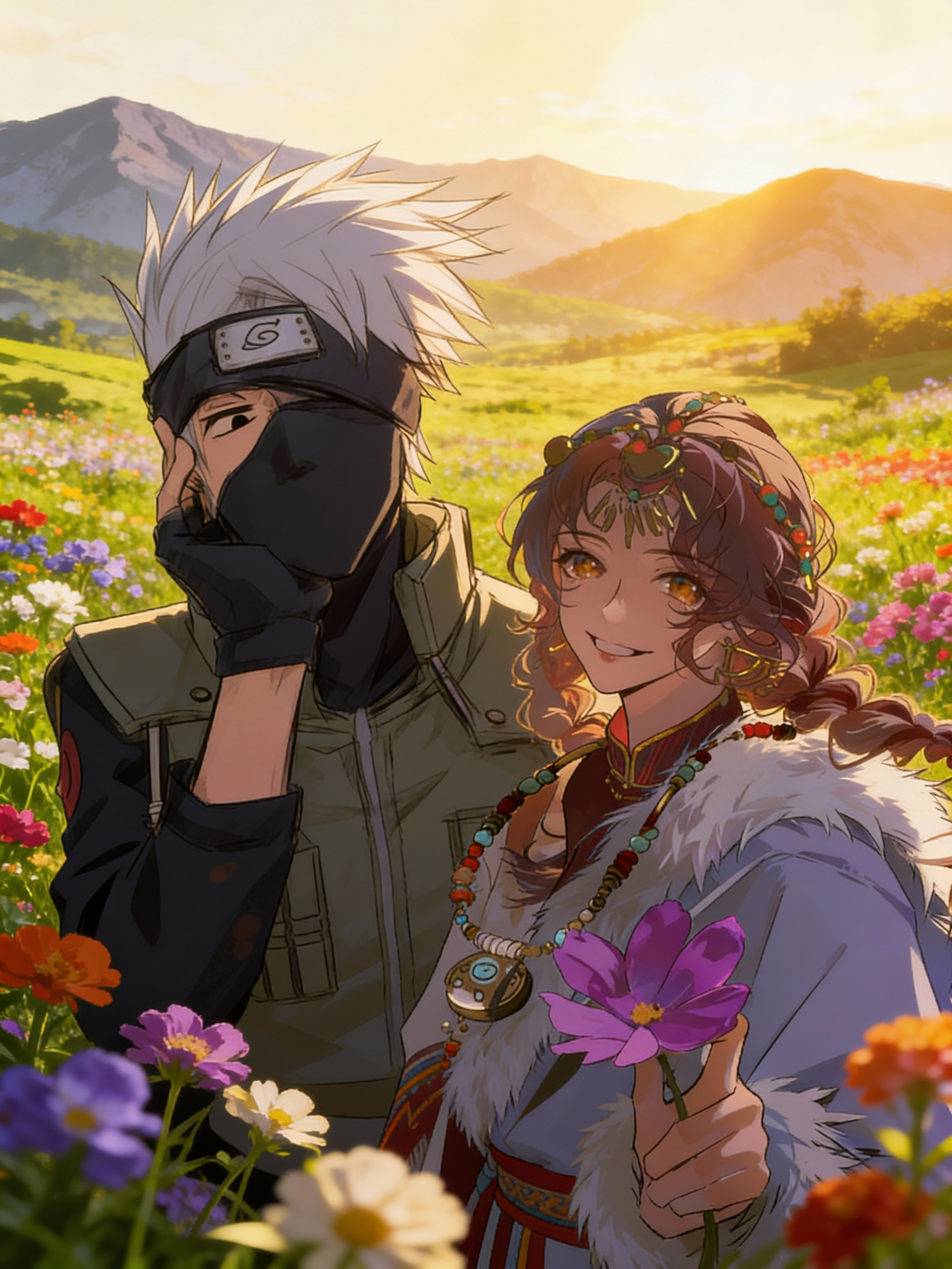 In Naruto, Kakashi saw her in the distance of the mountains as she smiled under the sunlight, as flowers were all around their lands.