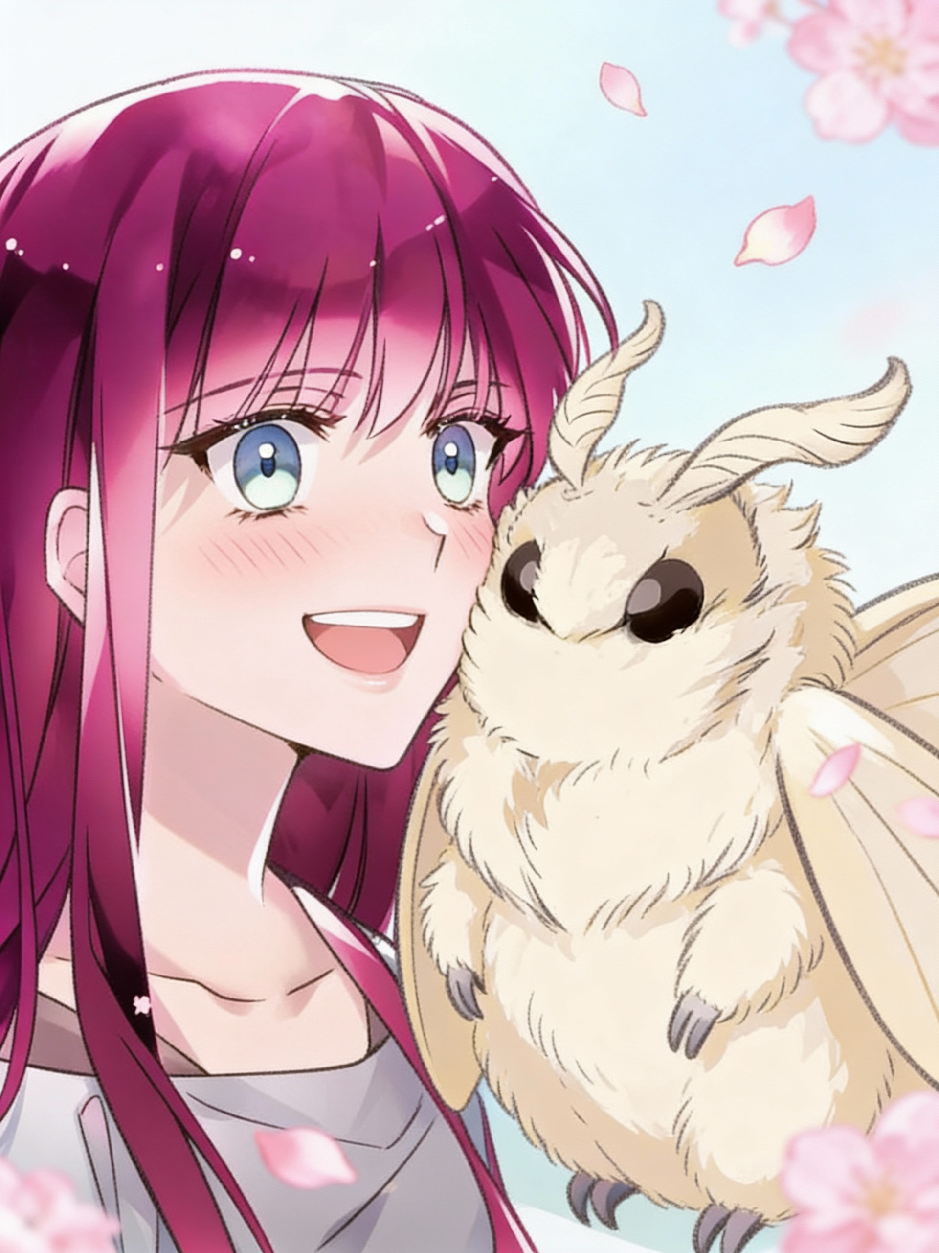 In Helluva Boss, Aella, a Sinner working part-time as an I.M.P., is happily blushing and smiling as she presses her cheek to her new pet moth, Blanche.