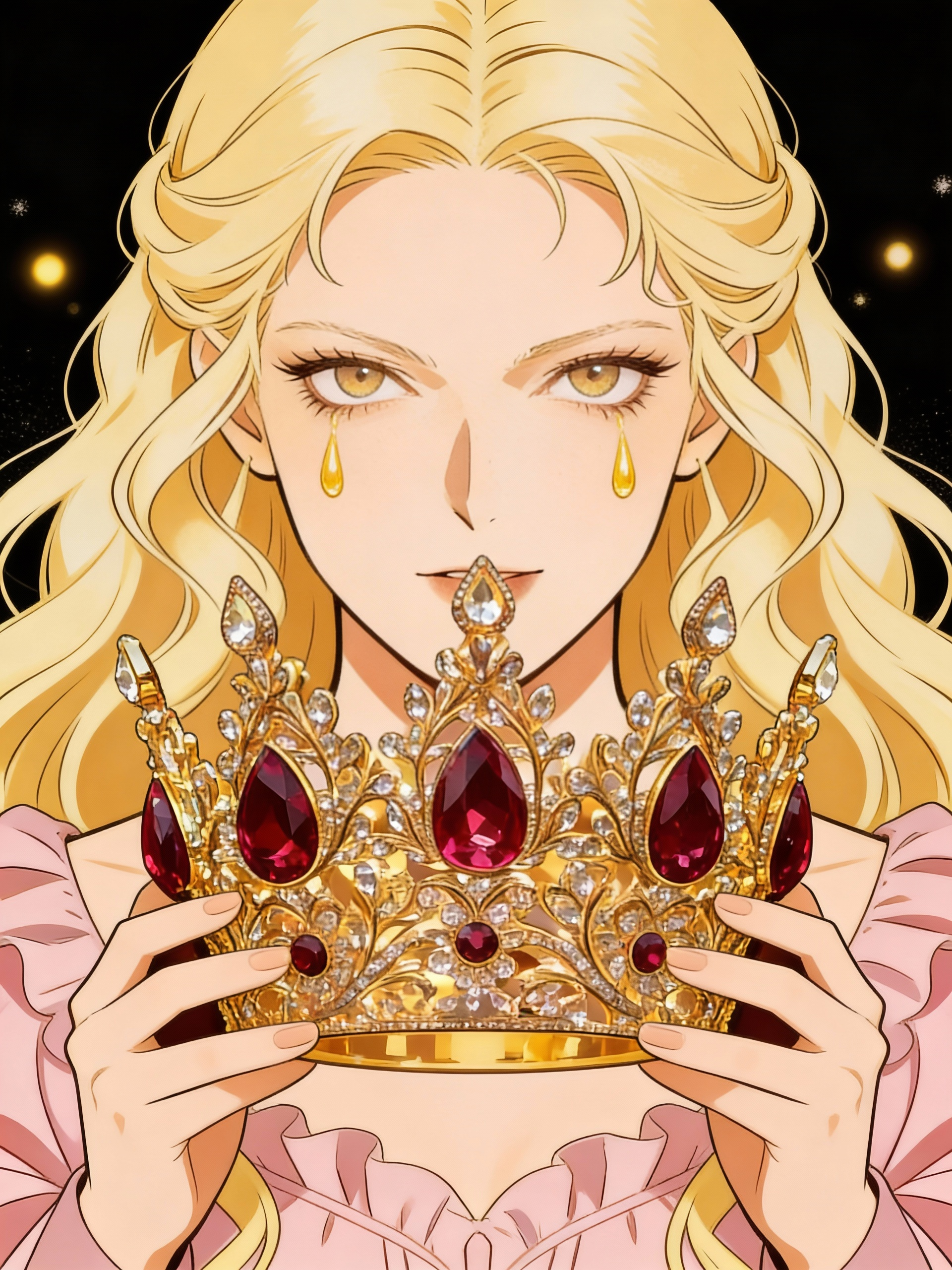 In Game of Thrones, Contessa Lannister holds the crown as she stare golden two tears drops down her both her cheeks