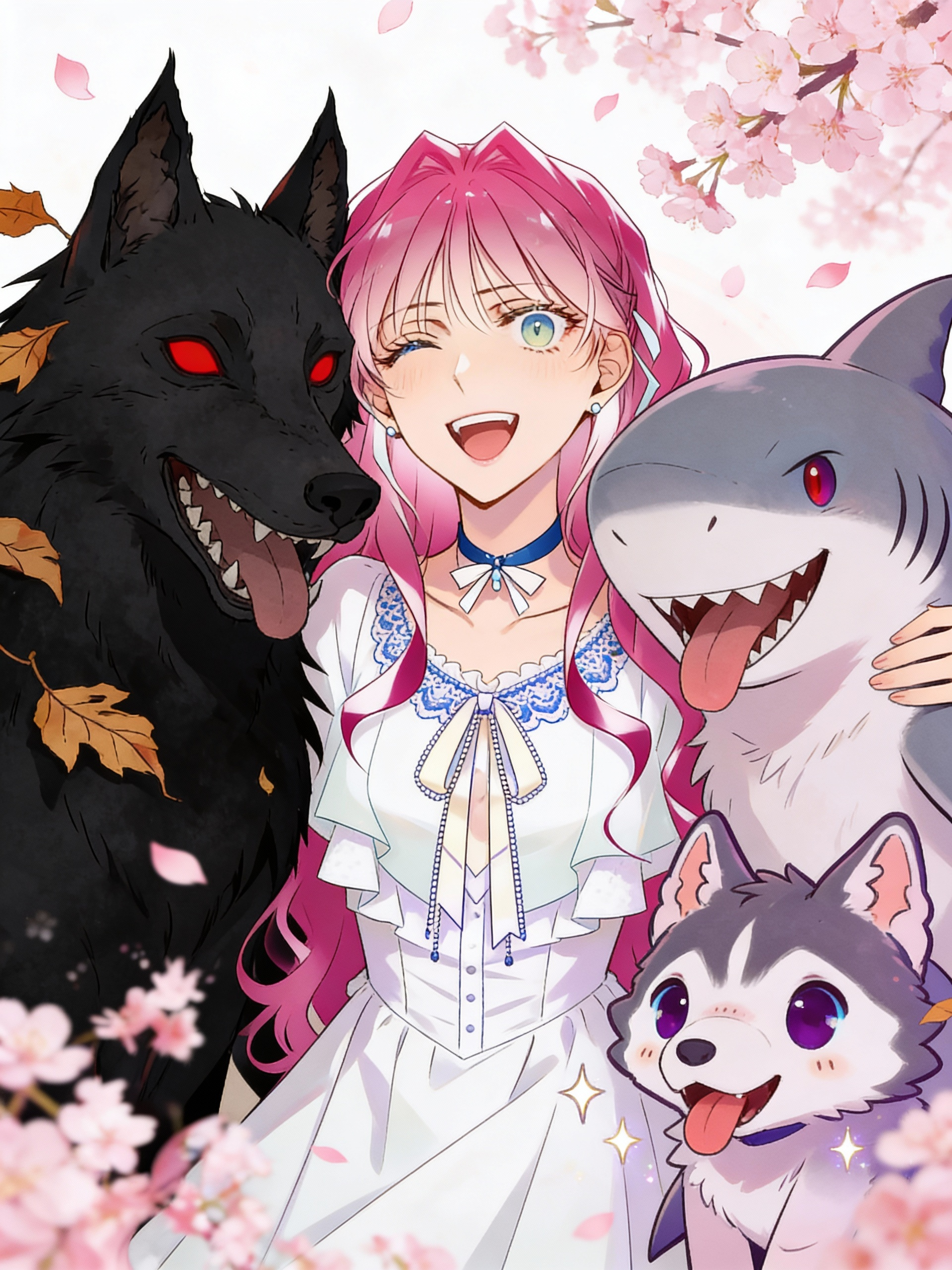 In the Hazbin Hotel series, Odessa is sandwiched between her two dogs, ShadowFang and Sharkboy. They happily panted and she smiled at the photo