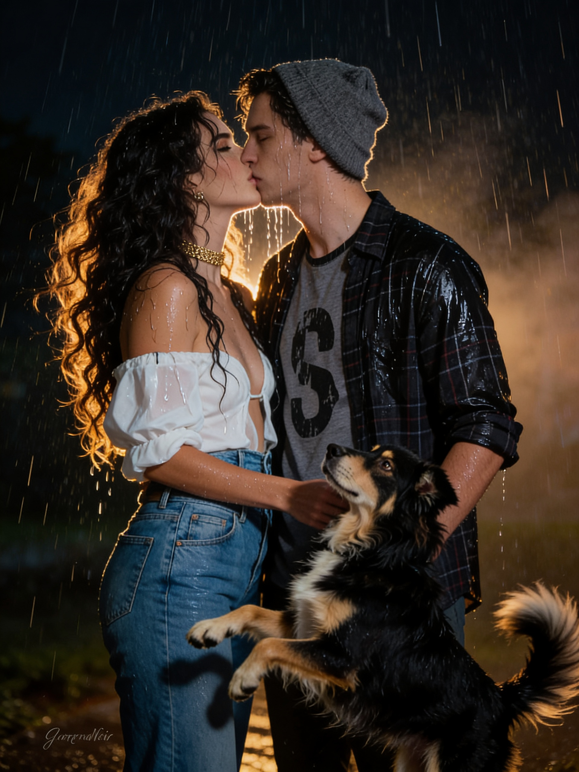 In the Riverdale crossover Supernatural series, Martina Henriqua Winchester and Jughead Jones make out/hot kissing in the rain while her Australian shepherd dog named Goofy jumped around.