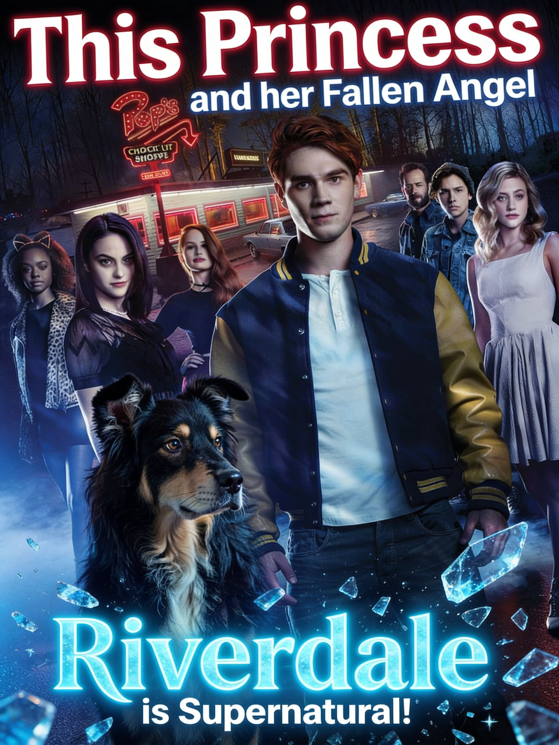 A poster with the Riverdale teens posing and the dog there. Top Title: This Princess and her Fallen Angel with slogan at bottom: Riverdale is Supernatural!