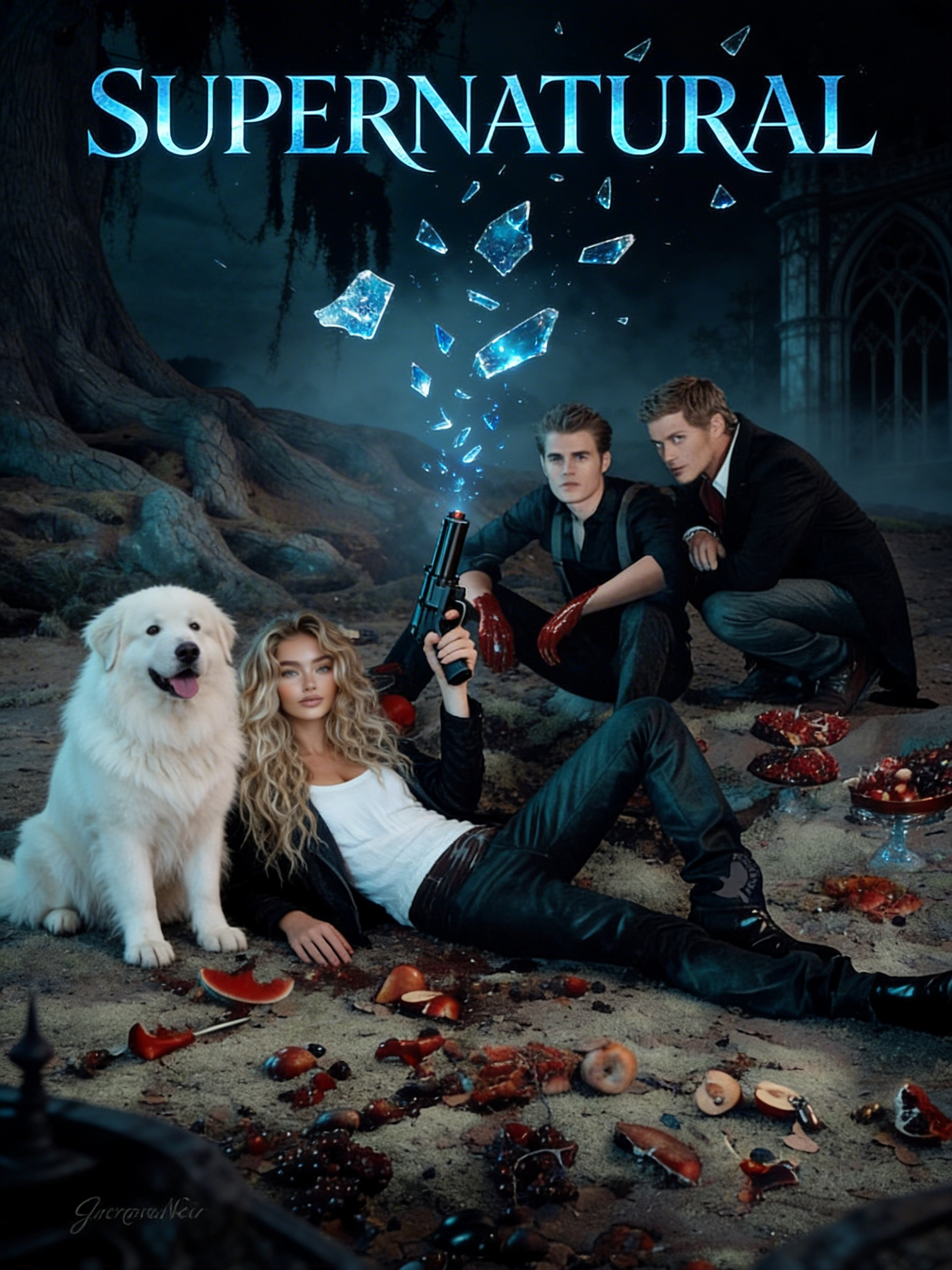 In Vampire Diaries and Supernatural, Aaliyah Skye Winchester and a dog named Remi lay and sat in position with other characters. She holds a clot gun in one hand