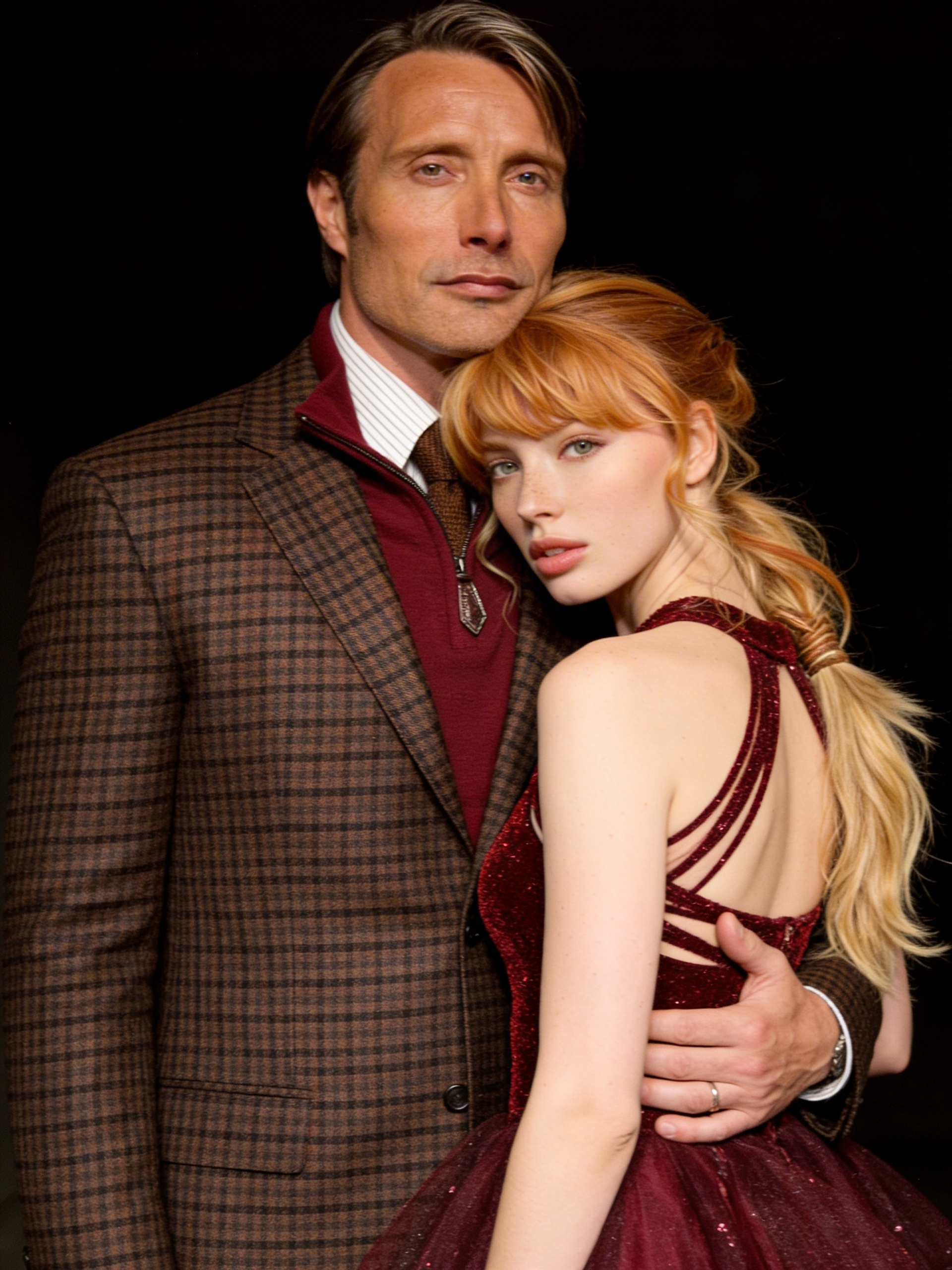 In the Hannibal tv series, Betty Jo stands by Hannibal as her back is shown, her head turns sideways, and Hannibal holds her, placing his chin on her shoulder and facing the camera. Betty Jo is wearing the Sparkly Sheath Burgundy Sequin Long Prom Dres,s Party Dresses, and her hair is loose, with up do pretty curls