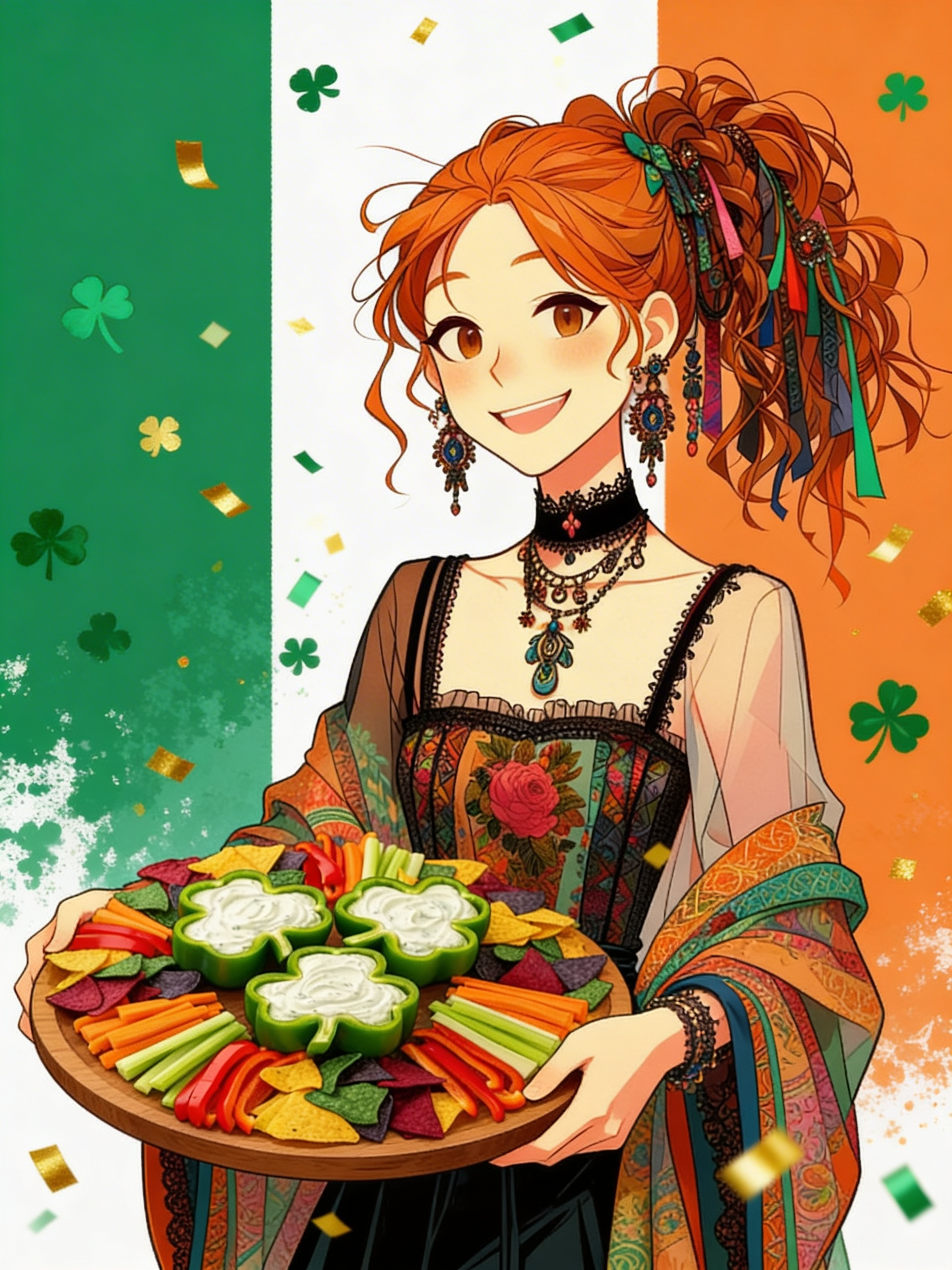 A Saint Patrick's Day background flag with clover, holding the food dishes, and the girl smiles as green and gold confetti scatter in the air