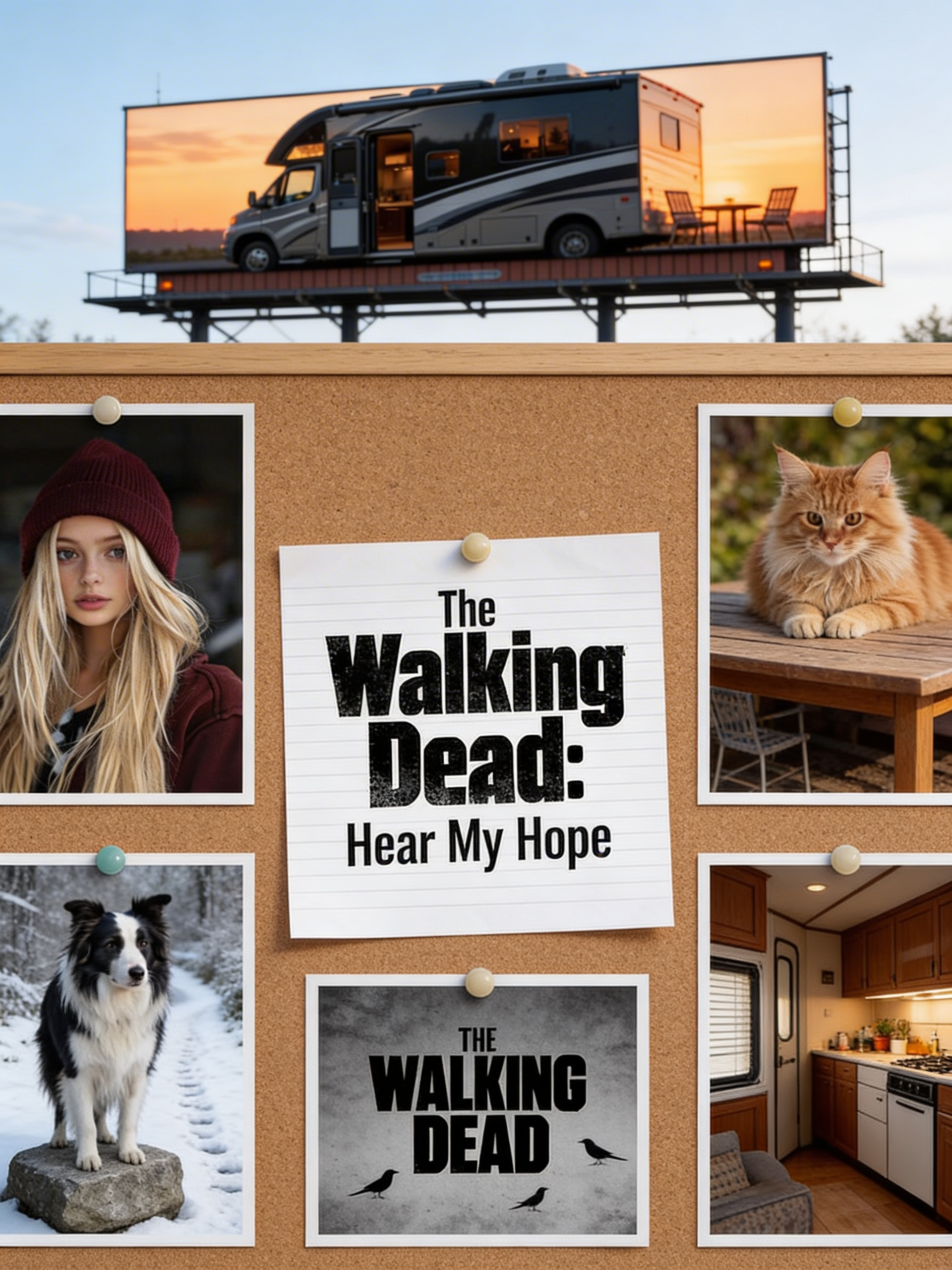 A billboard that shows photos of the main pictures that is pin on the brown board. And the middle papered that as the title: The Walking Dead: Hear My Hope