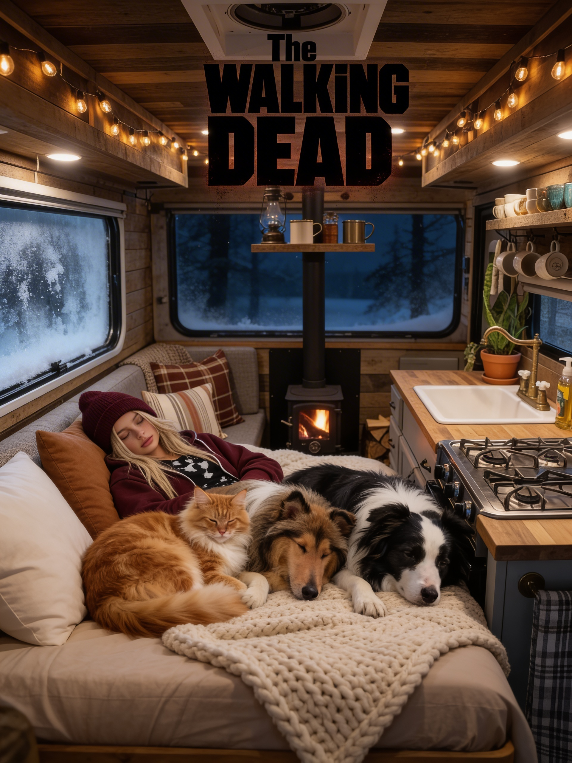 The close-up on the bed as they all sleep together on it. The window was foggy as the title appeared, "The Walking Dead."