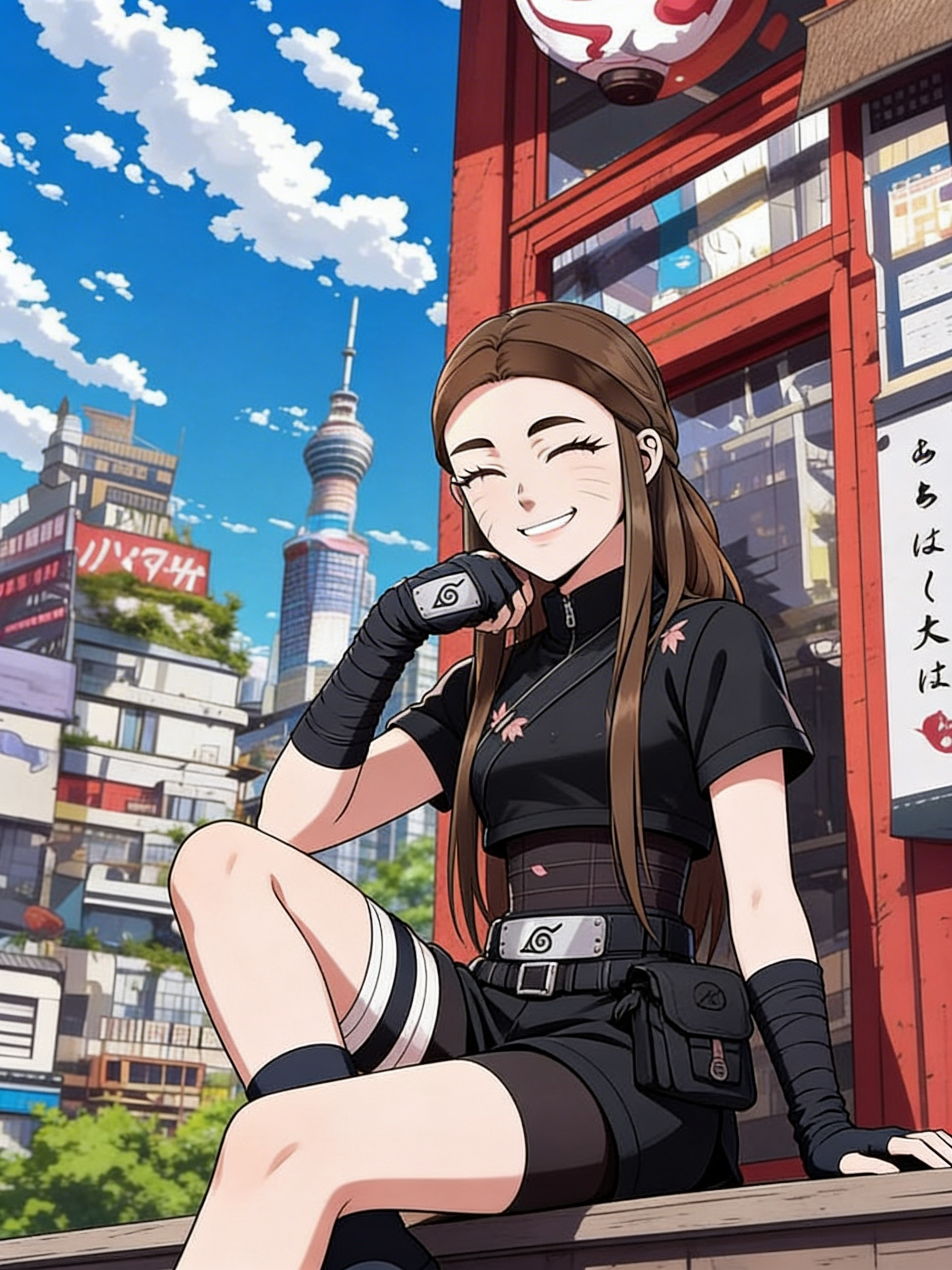 In the Naruto series, she sat on the fence and smiled with her ninja outfit, with the hidden leaf handband showing on her hand.