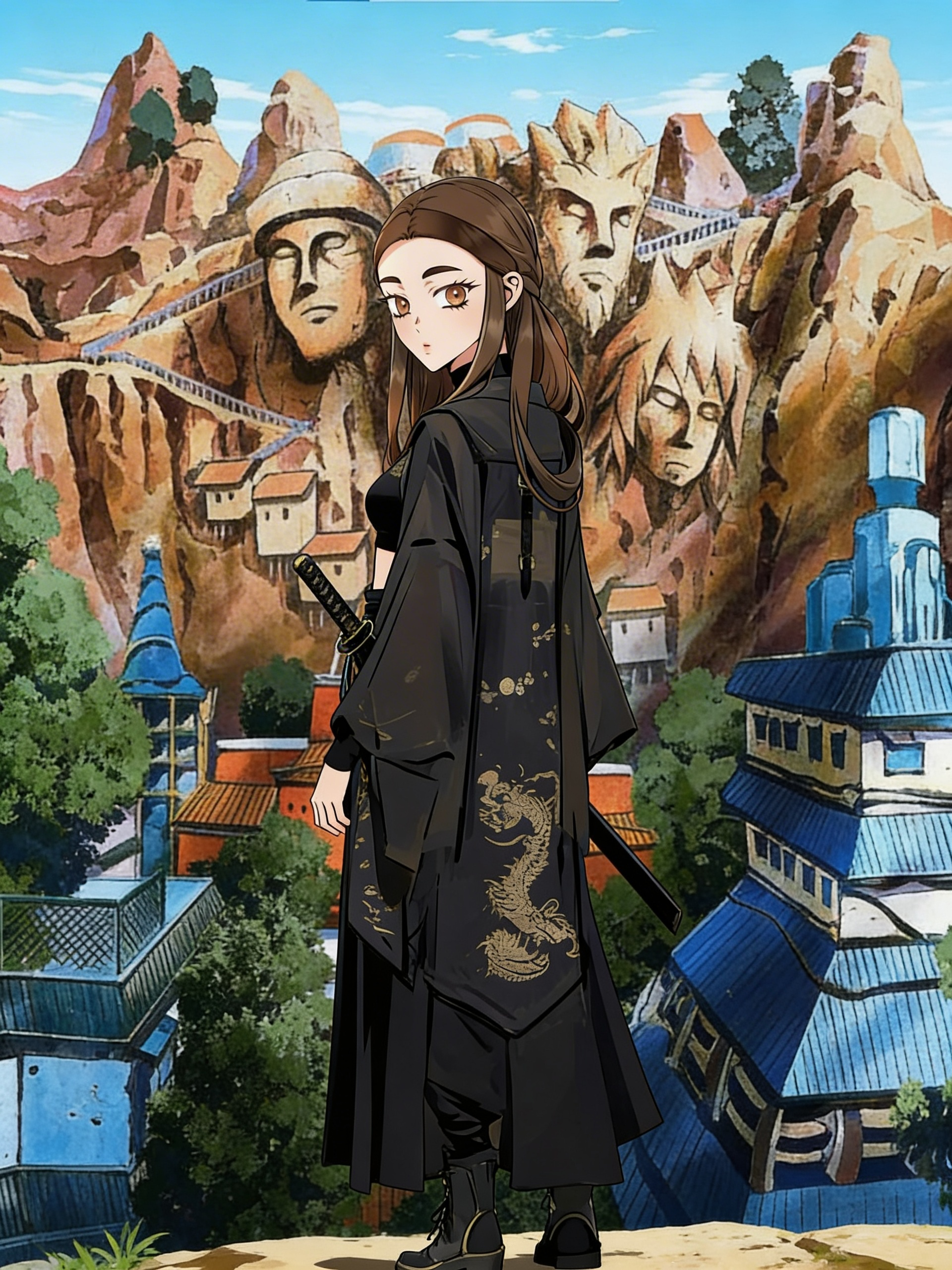 In the Naruto series, she stood and looked back as the whole village came into view. The brown-haired girl is wearing the outfit.
