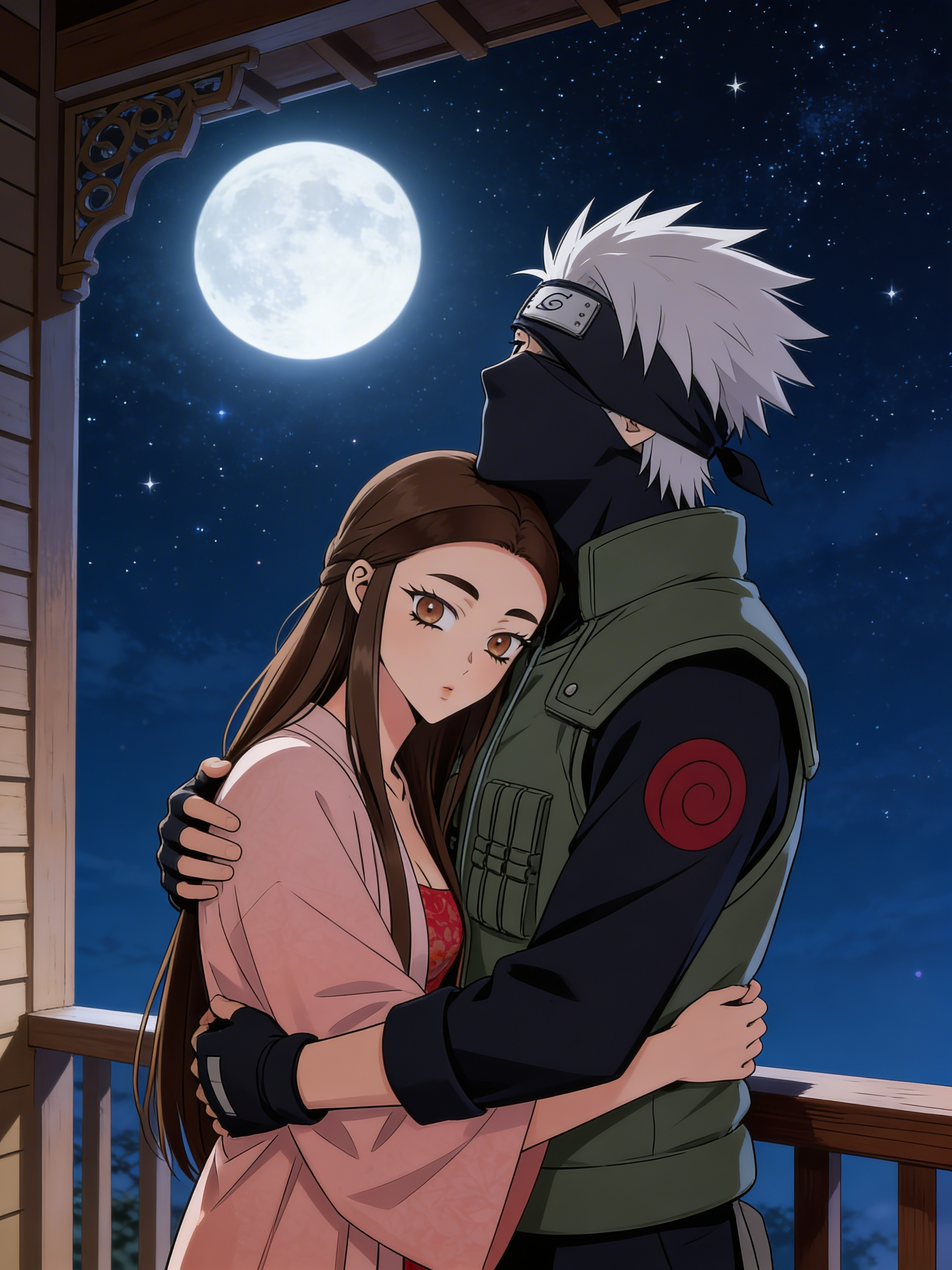 In the Naruto series, Kakashi hugged her back as he placed his chin on her shoulder. They watched the moon on their porch.