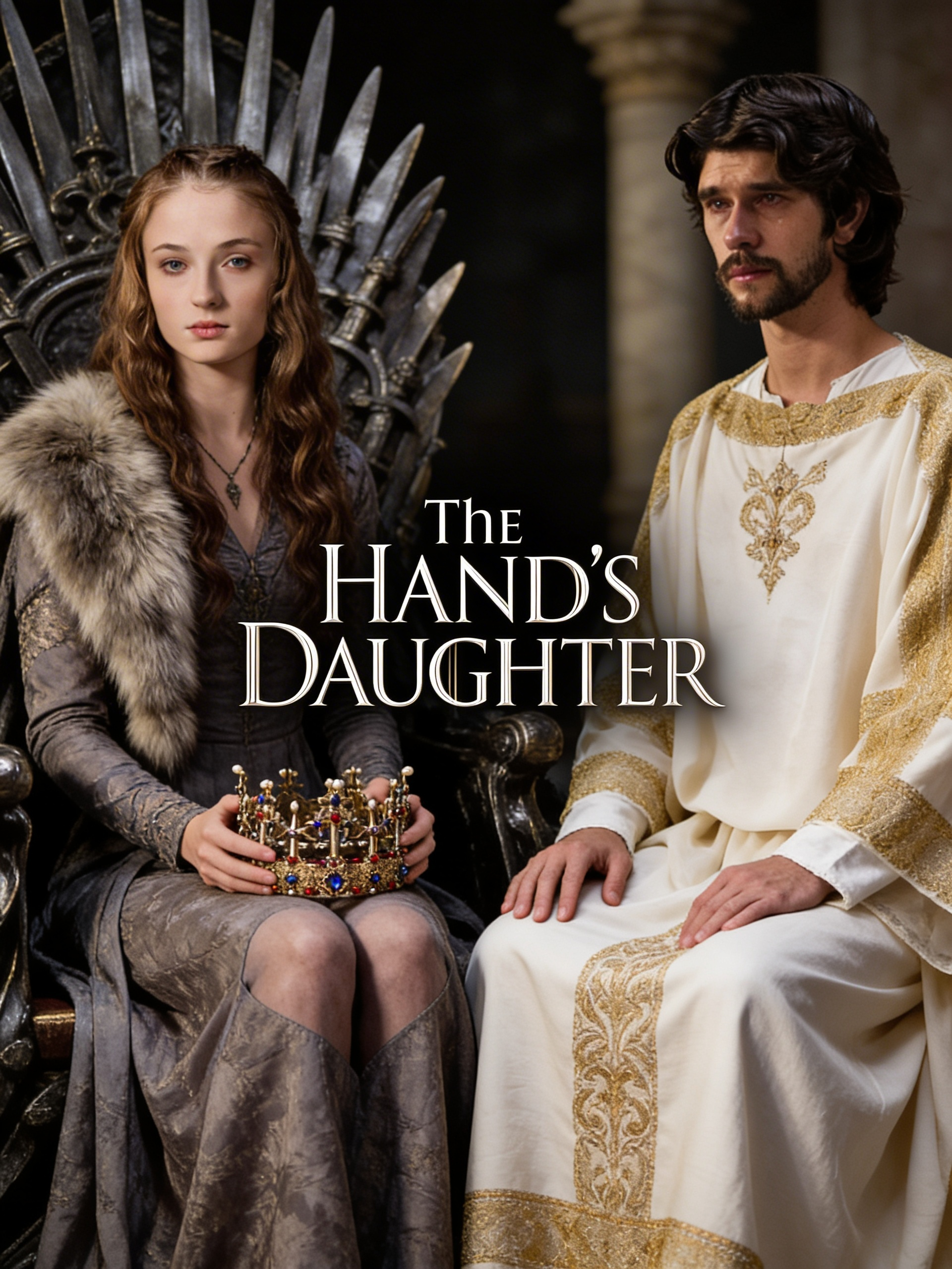 "The Hand's Daughter" is titled in the middle. Sansa Stark's long dress with fur on her shoulder. sat on her own throne, and she sat where her knees are and held the crown in her hand. Edward Baratheon lays his hand on her knees, staring ahead.