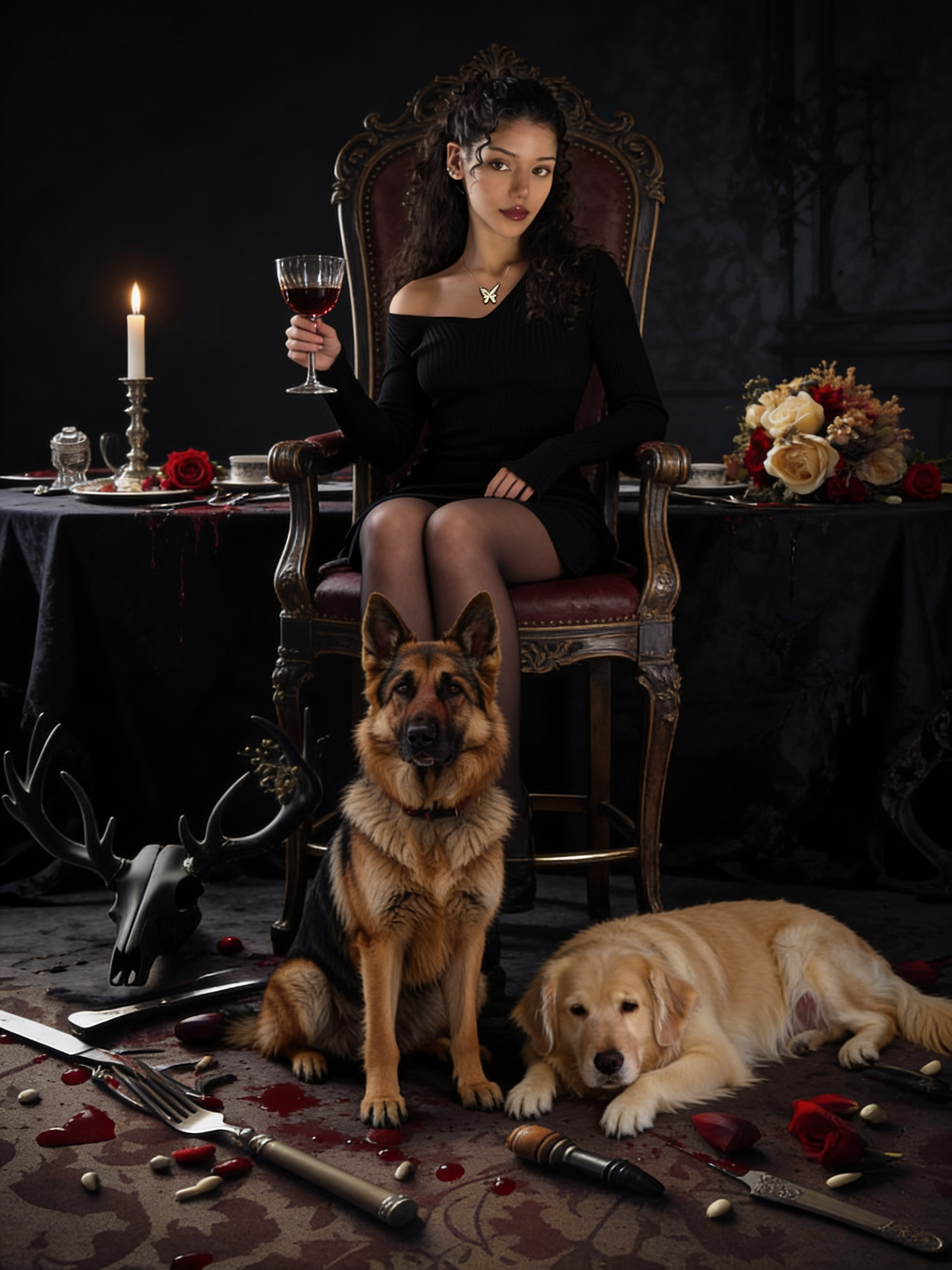 Hannibal: The Haunted She looked ahead as she was sitting on a high vintage chair, holding wine glass wine filled, her dogs is at her feet as one is sitting and the other lying down