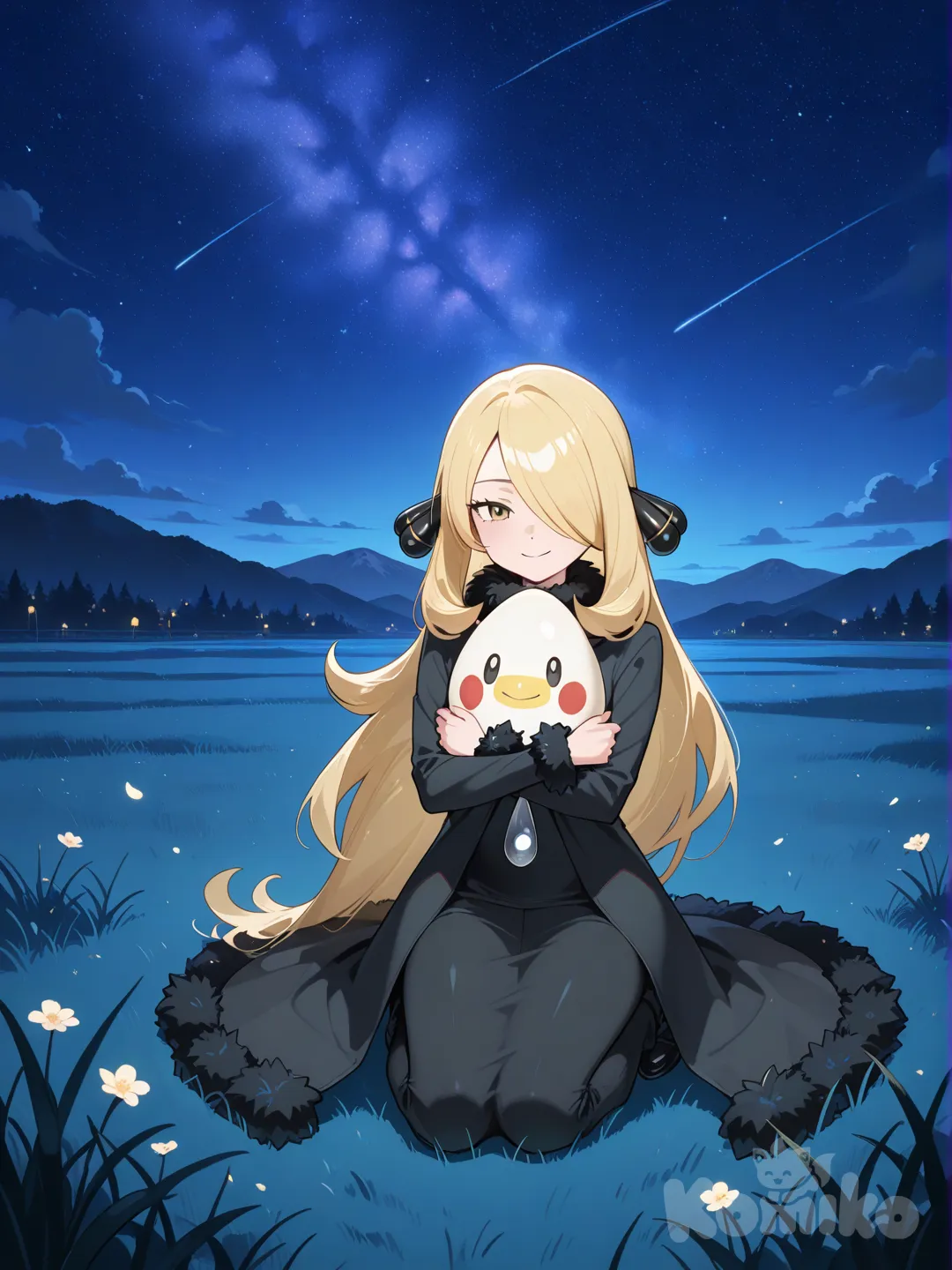 @Cynthia_(Pokemon), Small girl, Black dress, hug egg, Smile, field night
