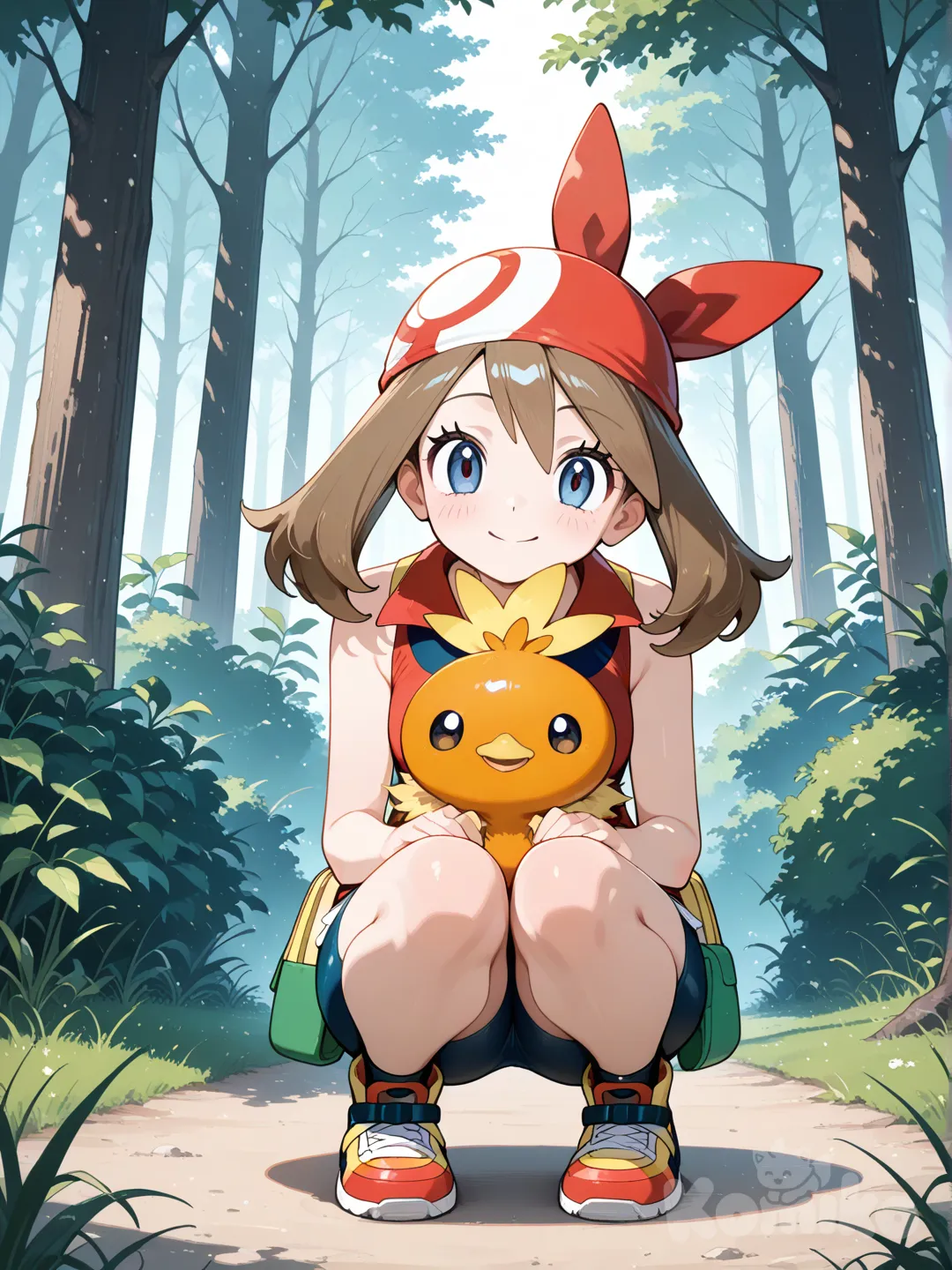 @May_(Pokemon), @Torchic, Forest, squating, Smile, full body