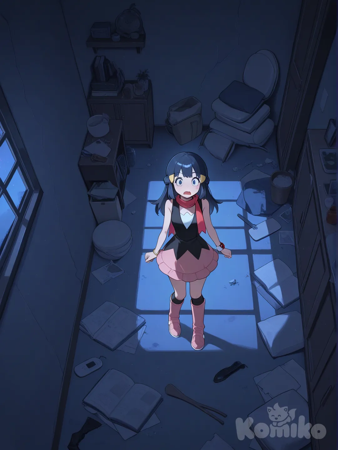 @Rotom, @Dawn_(Pokemon), from above, shocked, open mouth, Full body, abandoned living room, night