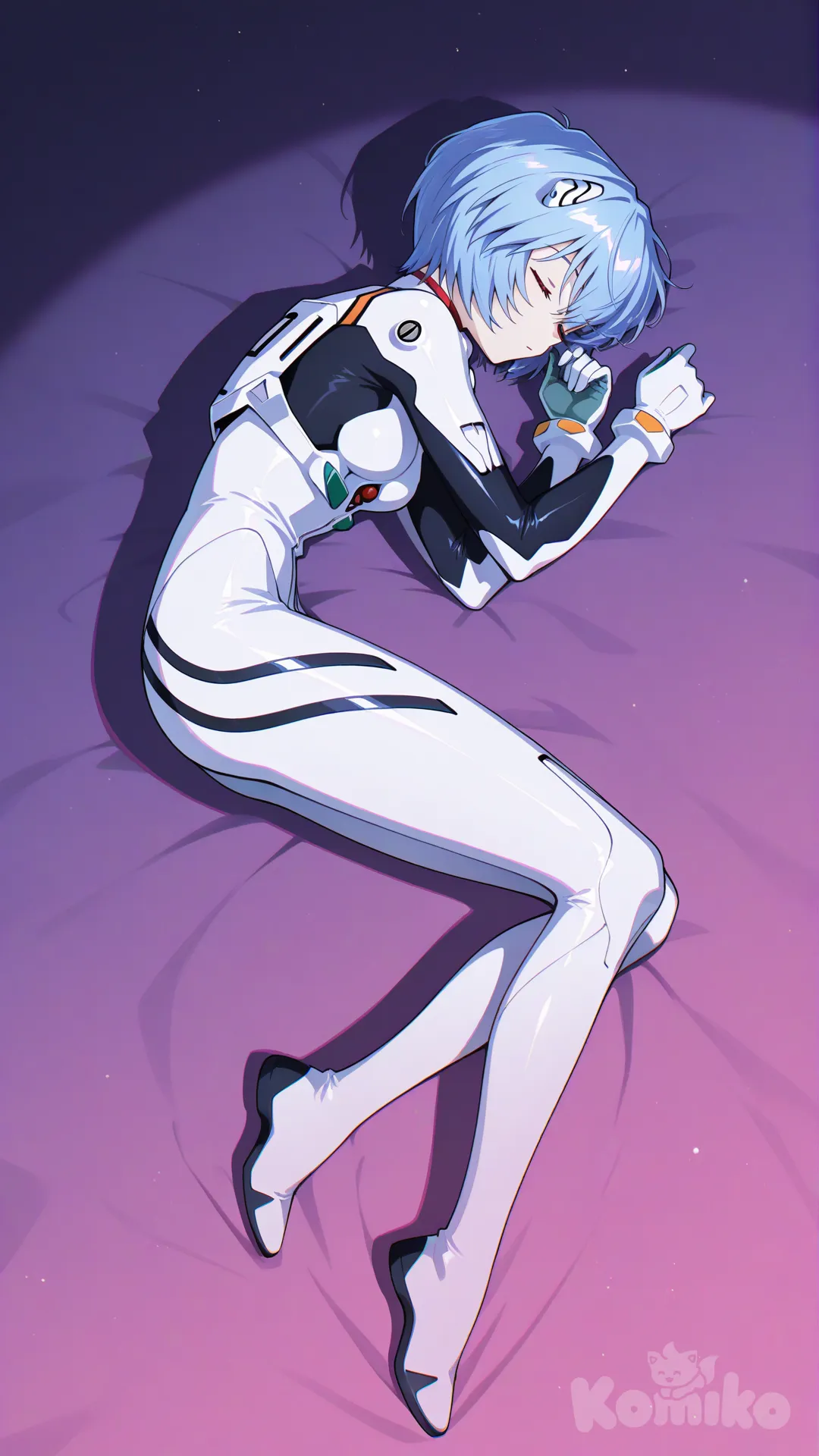 @Ayanami_Rei, sleeping, soft shadow, high contrast, chromatic aberration, vibrant color, full body, [glossy-anime-style]