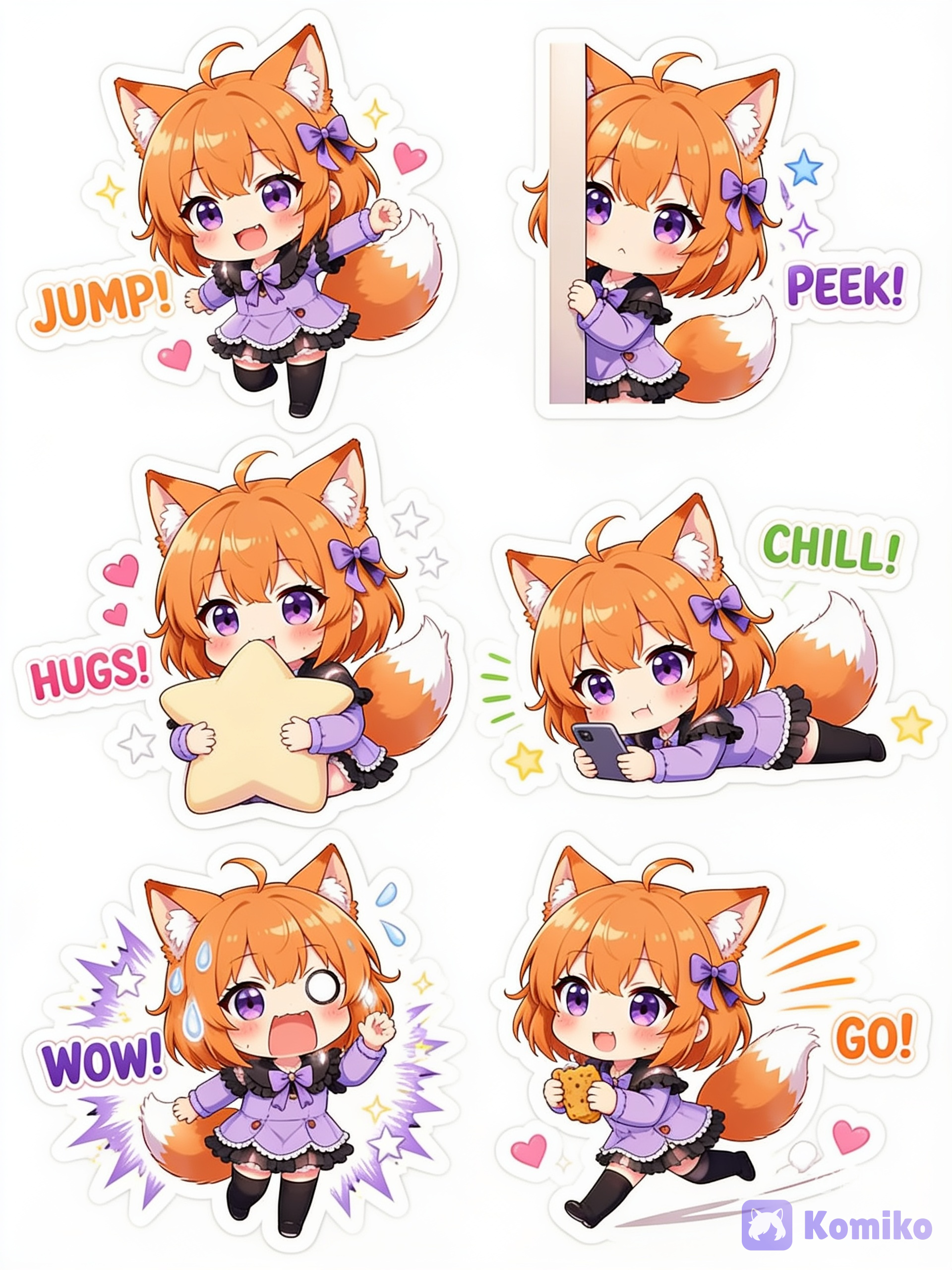 [chibi-sticker-style]A chibi fox-girl mascot. She has fluffy ginger-orange hair in a short bob with side-swept bangs and one small stray strand sticking up, large glossy purple eyes, soft pink blush on her cheeks, and a tiny fang. She has orange fox ears with cream inner fur and a big fluffy orange tail with a white tip. She wears a lavender frilly dress with a black ruffled sailor collar, a purple bow at the chest, white lace trim, a short black ruffled skirt, and black thigh-high stockings, plus a small purple bow clip in her hair. Cute soft anime style, pale skin. Make one sticker sheet of 6 die-cut chibi stickers of her in a 2x3 grid on a plain white background. The exact same character in every sticker, identical face, hair, ears, tail and outfit, each with a clean white die-cut border. Surprise me: invent 6 fun, very different everyday-reaction stickers. Make them lively, not plain: use big exaggerated chibi expressions and dynamic varied poses (jumping, peeking, hugging something, lying down, dramatic shock, running). Give some stickers a small cute prop or accessory (heart, star, phone, snack, sparkle wand) and add playful decorative effects around her like sparkles, hearts, stars, motion lines or sweat drops. Give each sticker its own short cute caption of 1 to 2 words in a bold playful sticker font, colored to match the mood. All 6 must be clearly different from each other. Keep it cute and SFW., like チビキャラ