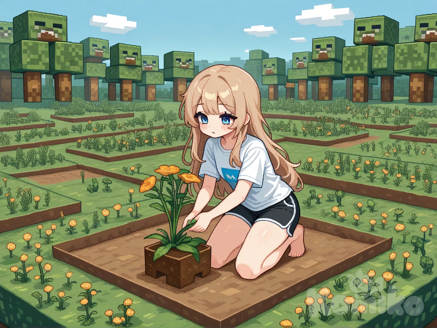 A girl with long, light-brown hair and blue eyes is planting flowers. The Minecraft world is also set like Minecraft. She is wearing shorts and a T-shirt.