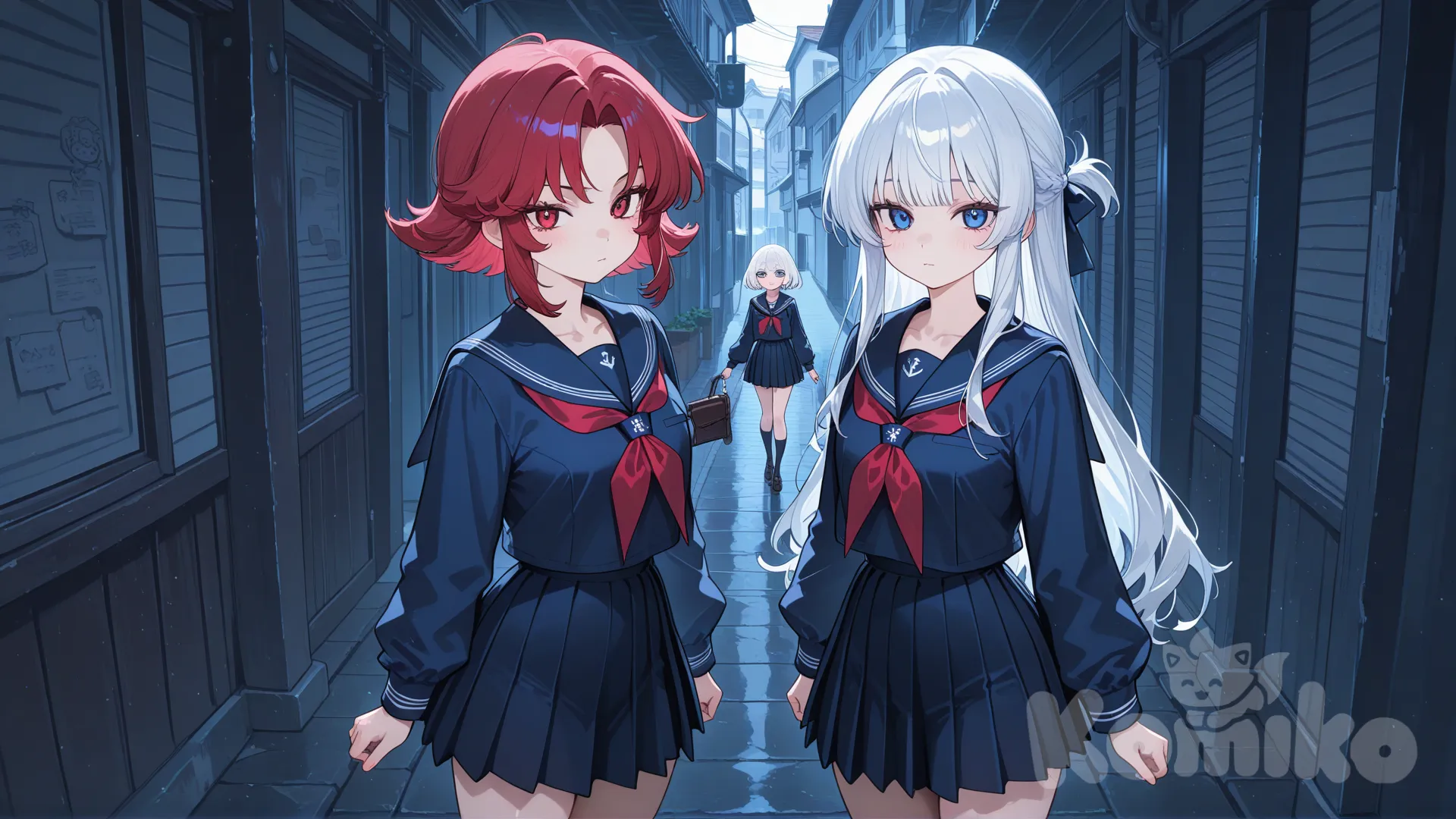 Sailor , sailor Shinzo ,red hair , red eyes, sailor rina, white hair, 2girls, blue eyes