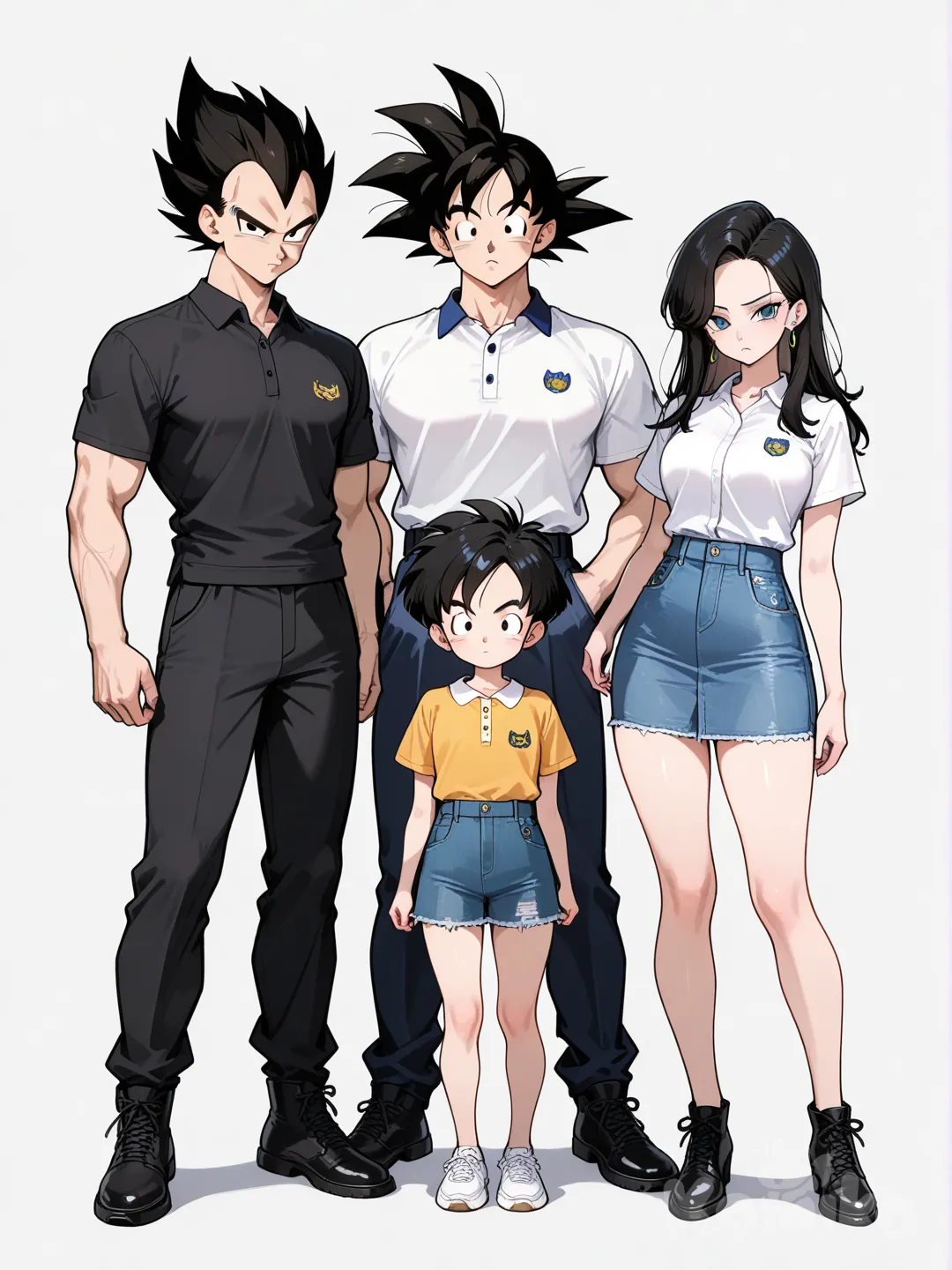 white background, polo shirt, bohemian shirt, t-shirt, denim skirt, casual pants, frown, 2boy, multiple girl @Son_Goku , @Vegeta