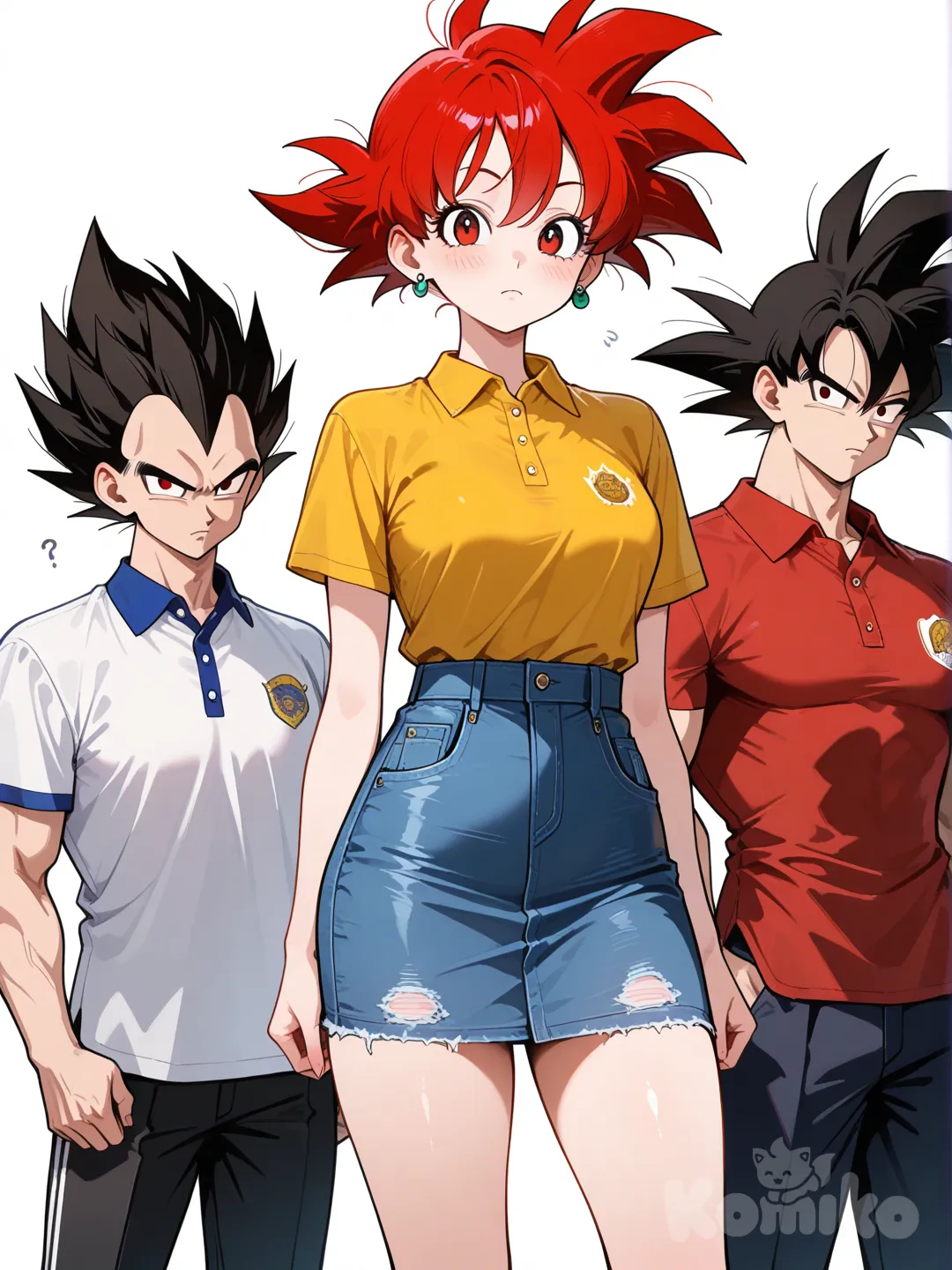 white background, polo shirt, bohemian shirt, t-shirt, denim skirt, casual pants, frown, 2boy, @sailorshinzo @Son_Goku , @Vegeta 1girl, red hair, red eyes