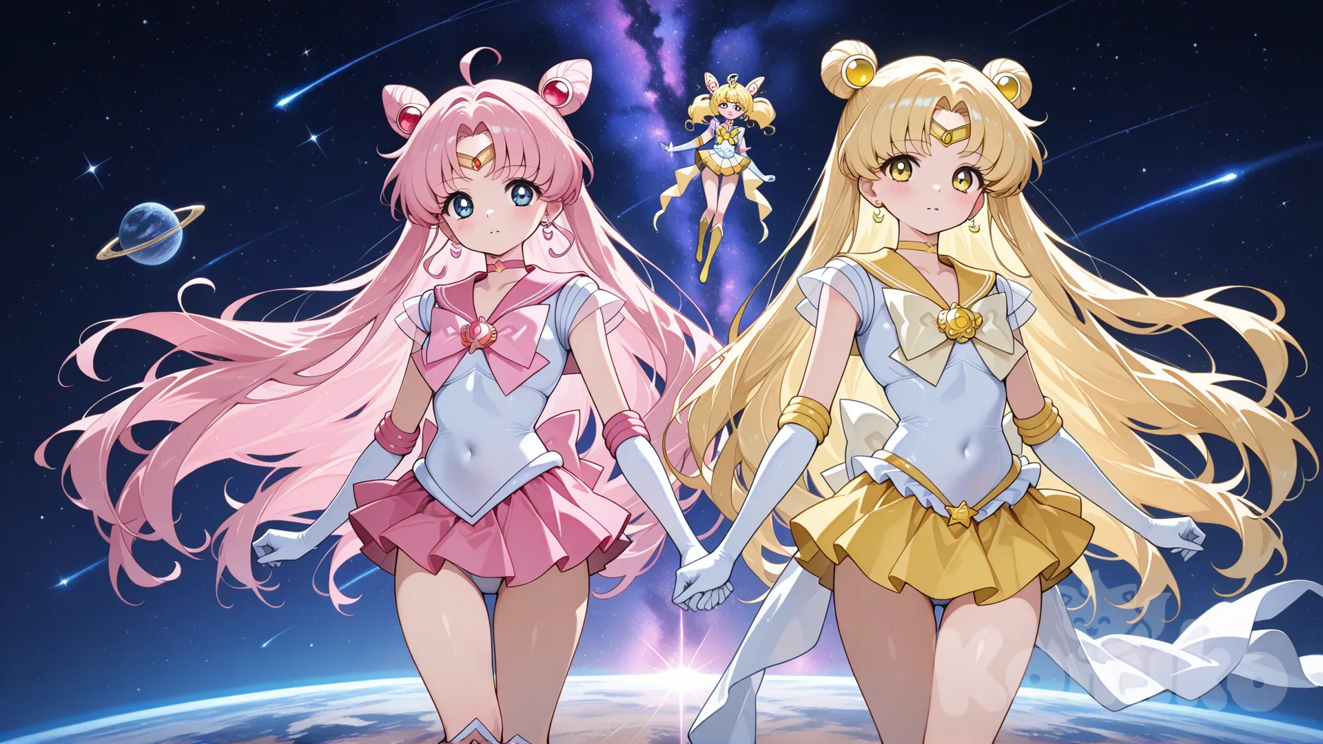@sailor-arsher-sailor-rose-sailor-moon-ars-PA8T, @sailor-urzer-sailor-topaz-ByPM, 2girls, cosmic background, side light ,solo