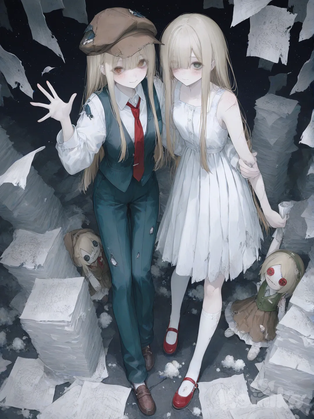 [sweet-pastel-style], waving, smile, headshot, starry sky

"Memory" is a small doll with pale skin, straight, waist-length blonde hair billowing around her, thin blonde eyebrows, hazel button eyes cross-stitched with white thread, light pink cheeks, and a faint splash of freckles across the bridge of her nose.

She wears a sleeveless, white vintage dress with a tear in the pleated skirt, as well as a long stitch on the right side with cotton stuffing coming out of it, and white stitching on the hem. She also wears long white stockings and red Mary Janes with silver buckles. A tear is visible in her right shoulder, showing cotton stuffing. She also holds an old and tattered doll that looks similar to Detective in the crook of her left arm, which has black button eyes cross-stitched with white thread, a sewn, down-turned mouth, an olive green vest with a white shirt and red tie, blue slacks, a brown shoe, and a torn newscap with a torn hole showing cotton stuffing in the right side. Its right eye is hanging by a white thread, while its right foot is torn off, showing cotton stuffing. She also grasps a stack of yellowing, old, and smoldering paper pieces with incomprehensible scribbles on them in her right hand.