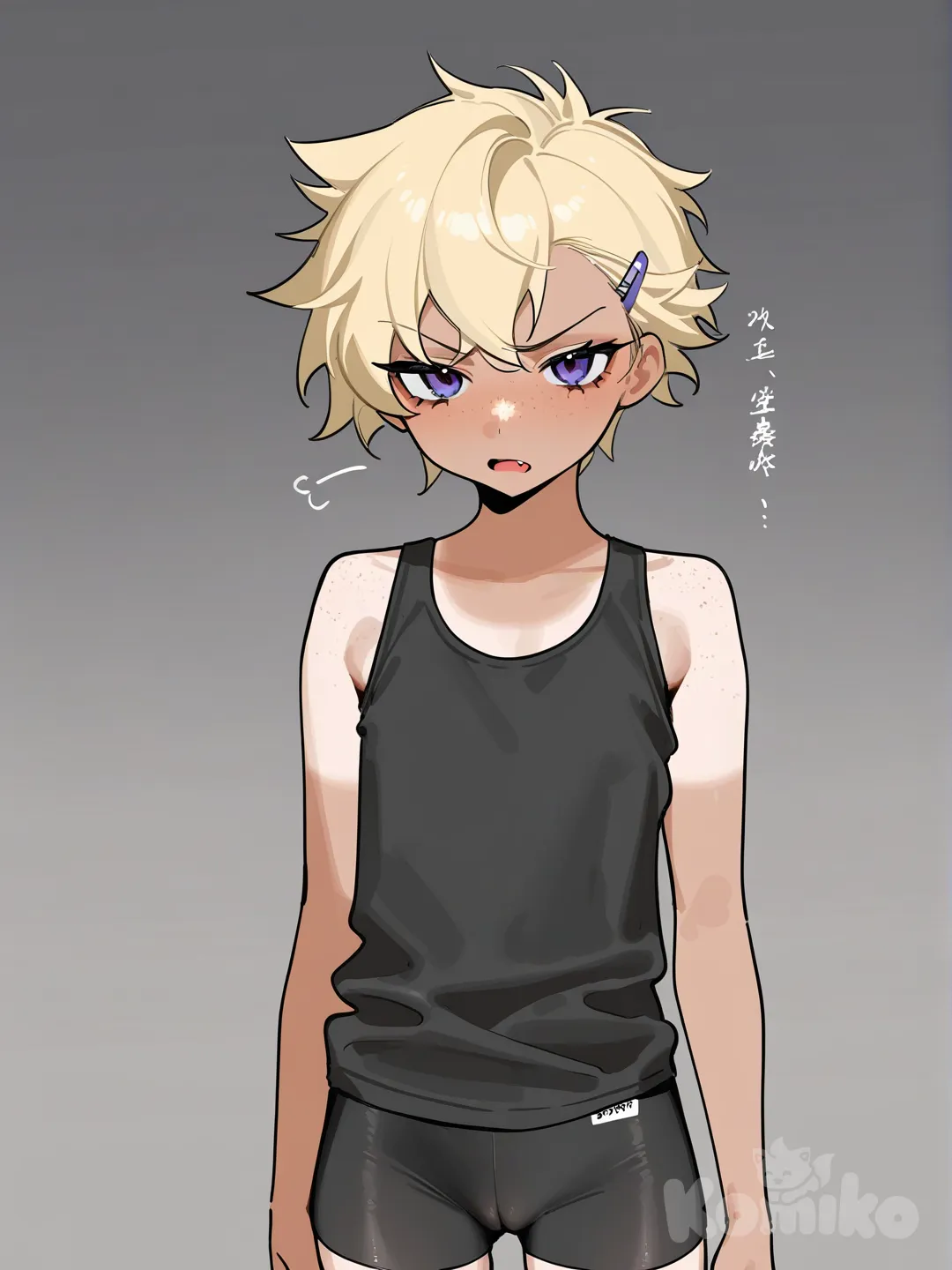 1girl, tomboy, fang, petite, blonde hair, freckles, short hair, hairclip, tanlines, tsundere, bike shorts, tank top