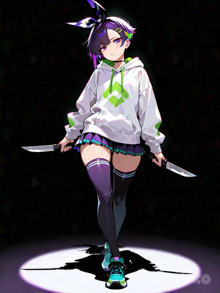 1girl, tomboy, petite, short hair, hairclip, full body, flat chest, wide hips, flat chest, multicolored hair, undercut, asymmetrical bangs, bangs, purple hair, green hair, mole under mouth, hairband, hoodie, pleated skirt, thighhighs, knife, holding knife, blood, blood on face, blood on clothes, blood on weapon, smile