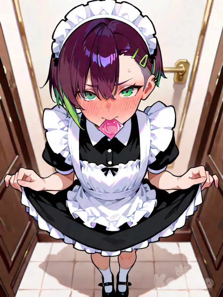 1girl, tomboy, petite, short hair, hairclip, full body, flat chest, multicolored hair, undercut, asymmetrical bangs, bangs, purple hair, green hair, maid, maid headdress, maid apron, full-face blush, condom in mouth, skirt lift