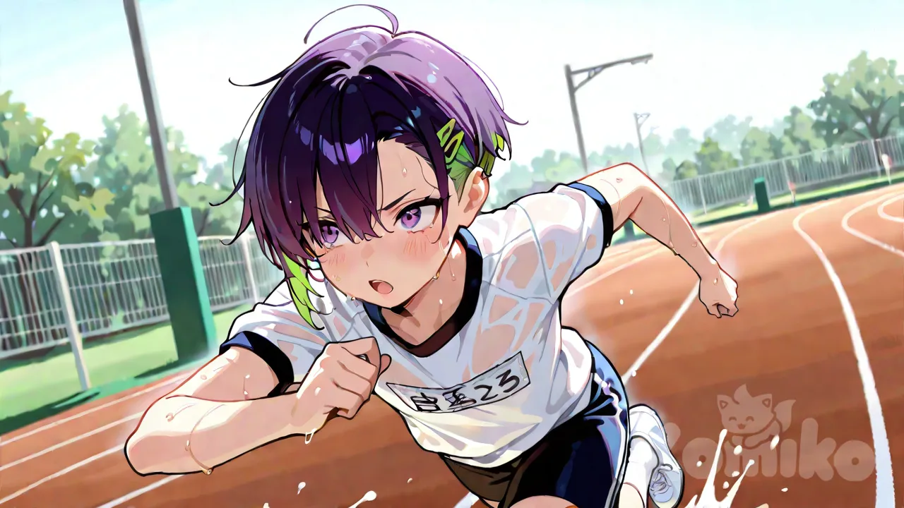 1girl, tomboy, petite, short hair, hairclip, full body, flat chest, multicolored hair, undercut, asymmetrical bangs, bangs, purple hair, green hair, sweaty, running, gym uniform