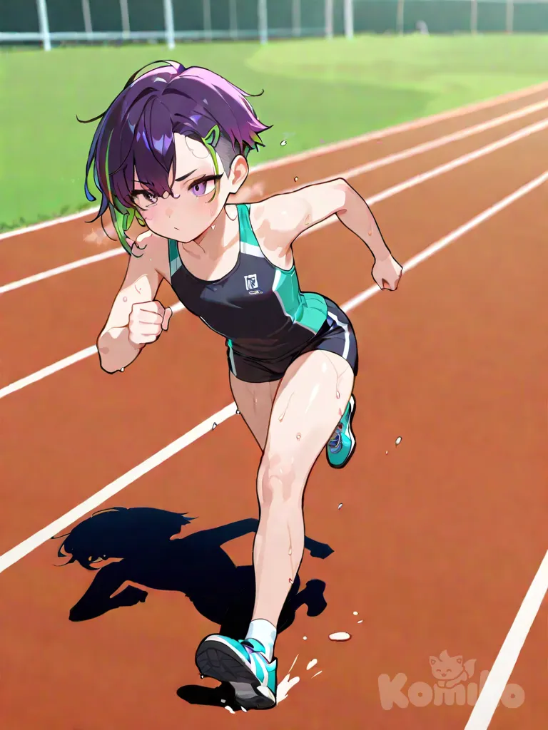 1girl, tomboy, petite, short hair, hairclip, full body, flat chest, multicolored hair, undercut, asymmetrical bangs, bangs, purple hair, green hair, sweaty, running, track outfit