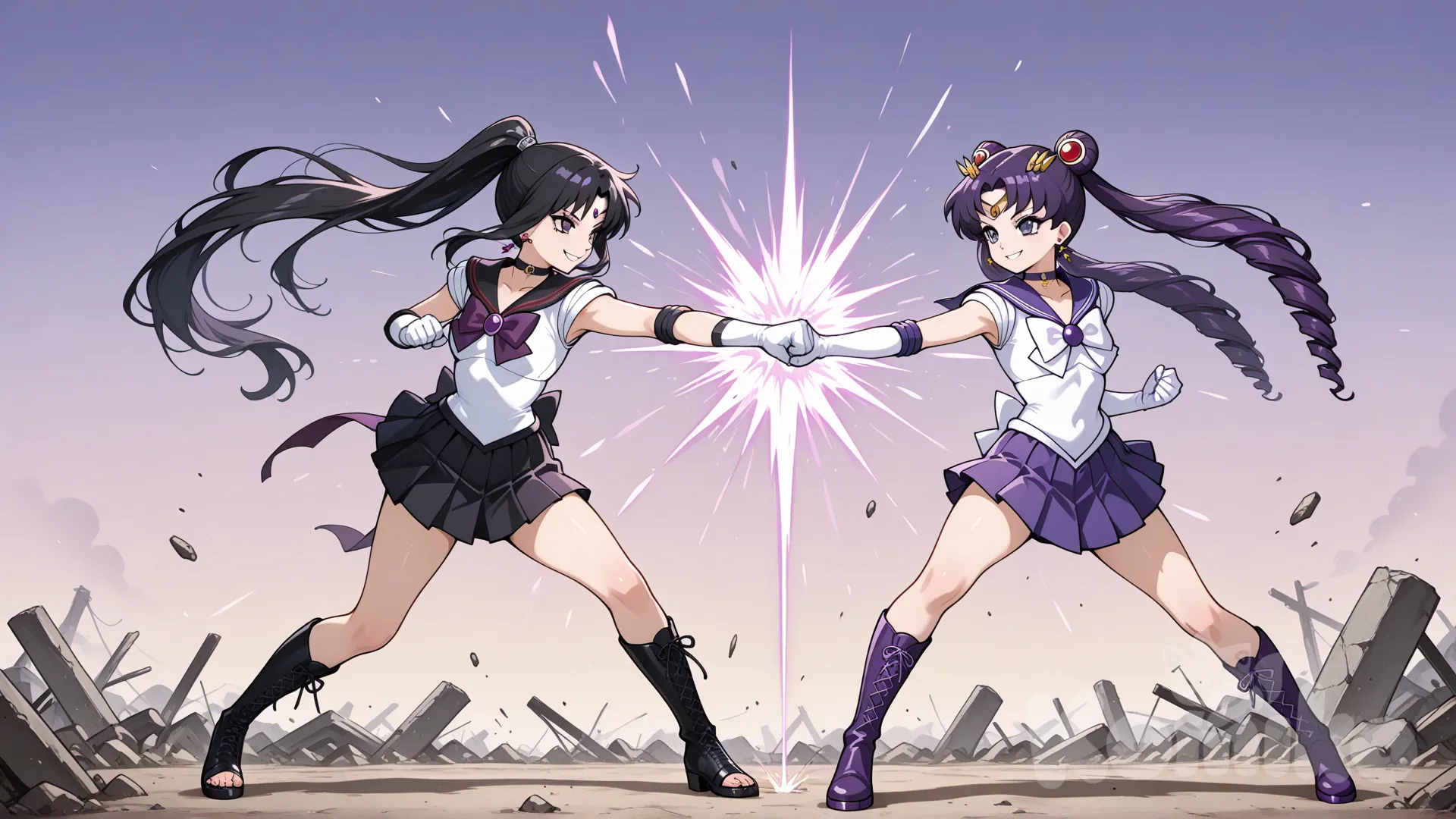 @asuki-ayami-urOa, 1girl, @akari-yamamoto-sailor-deadon-igN6, ruins, gradient background punch hit