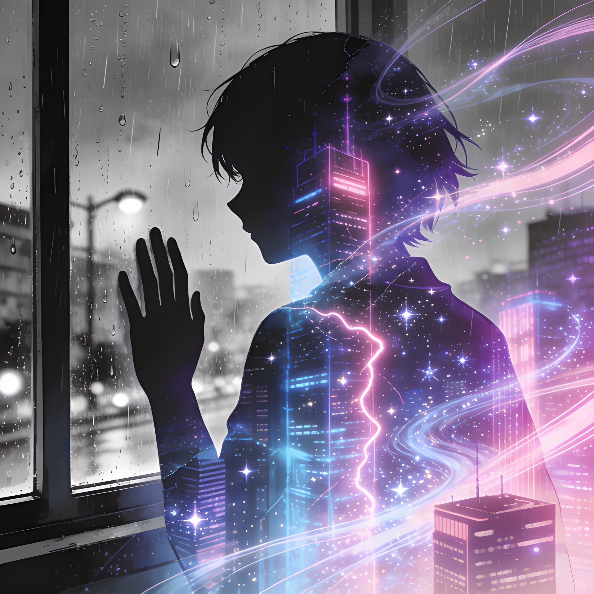 An anime illustration depicts a stylized figure silhouetted against a melancholic, rain-streaked window overlooking a grey city. The scene dramatically transitions into a vibrant, surreal urban dreamscape, pulsating with electric neon pink, blue, and purple glows, shimmering stardust, and flowing light currents, creating an ethereal, escapist mood.