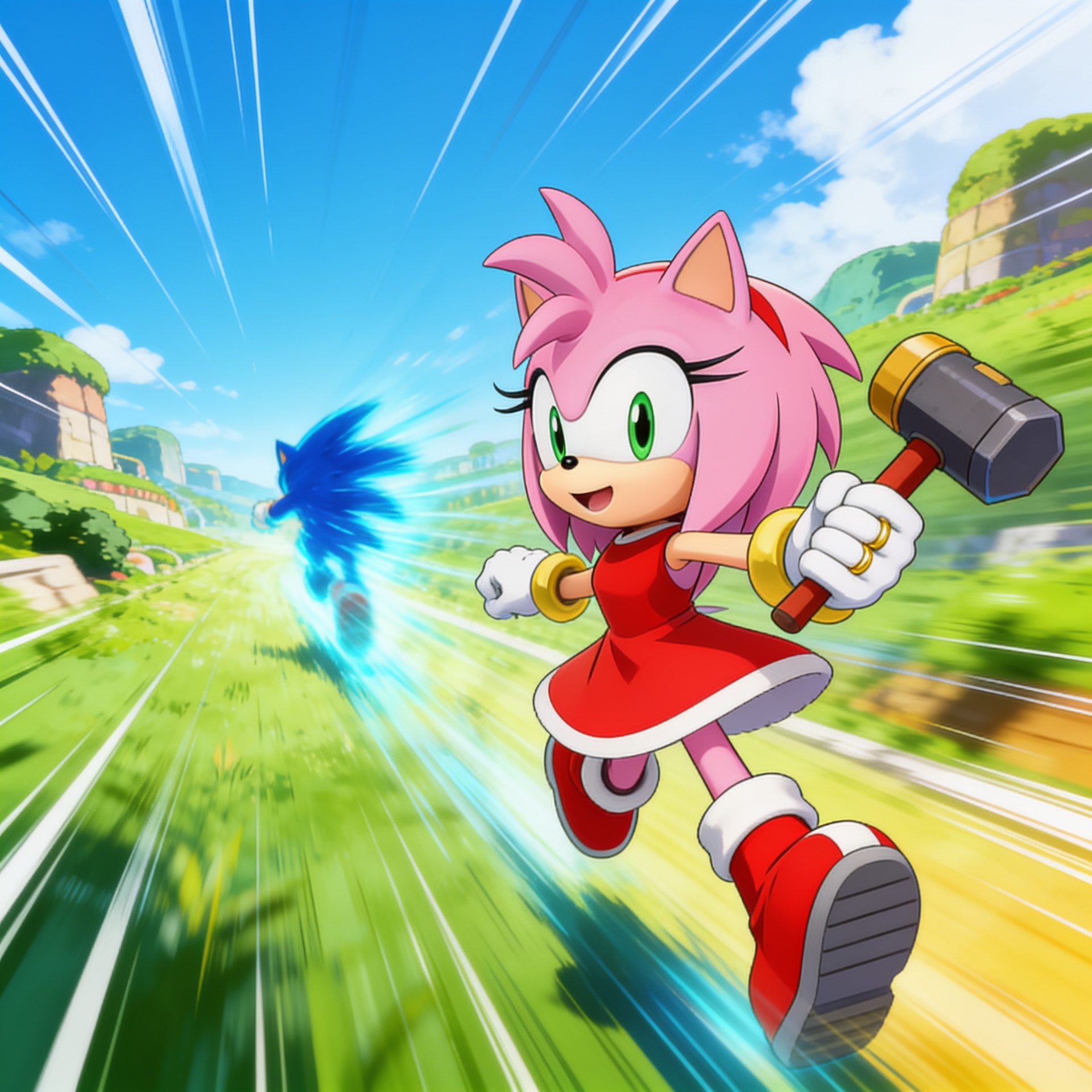 Anime-style illustration of Amy Rose, Piko Hammer in hand, energetically chasing a vibrant cerulean blur (Sonic) into the distance amidst the iconic lush greens and bright skies of Green Hill Zone. The dynamic composition should convey a mood of hopeful, fast-paced pursuit and longing, using a vibrant, adventurous color palette with strong blues, greens, and yellows, enhanced by speed lines.