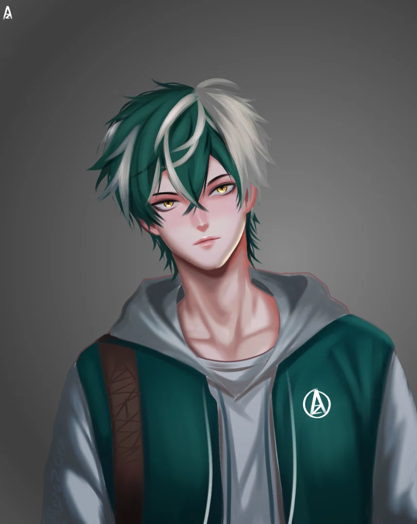 1boy,green white hair 